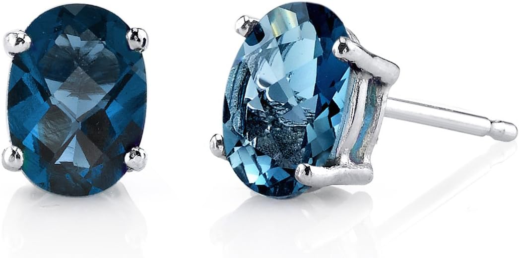 Peora 14K White Gold London Blue Topaz Earrings for Women, Natural Gemstone Classic Solitaire Studs, 7x5mm Oval Shape, 2 Carats total, Friction Back, December Birthstone
