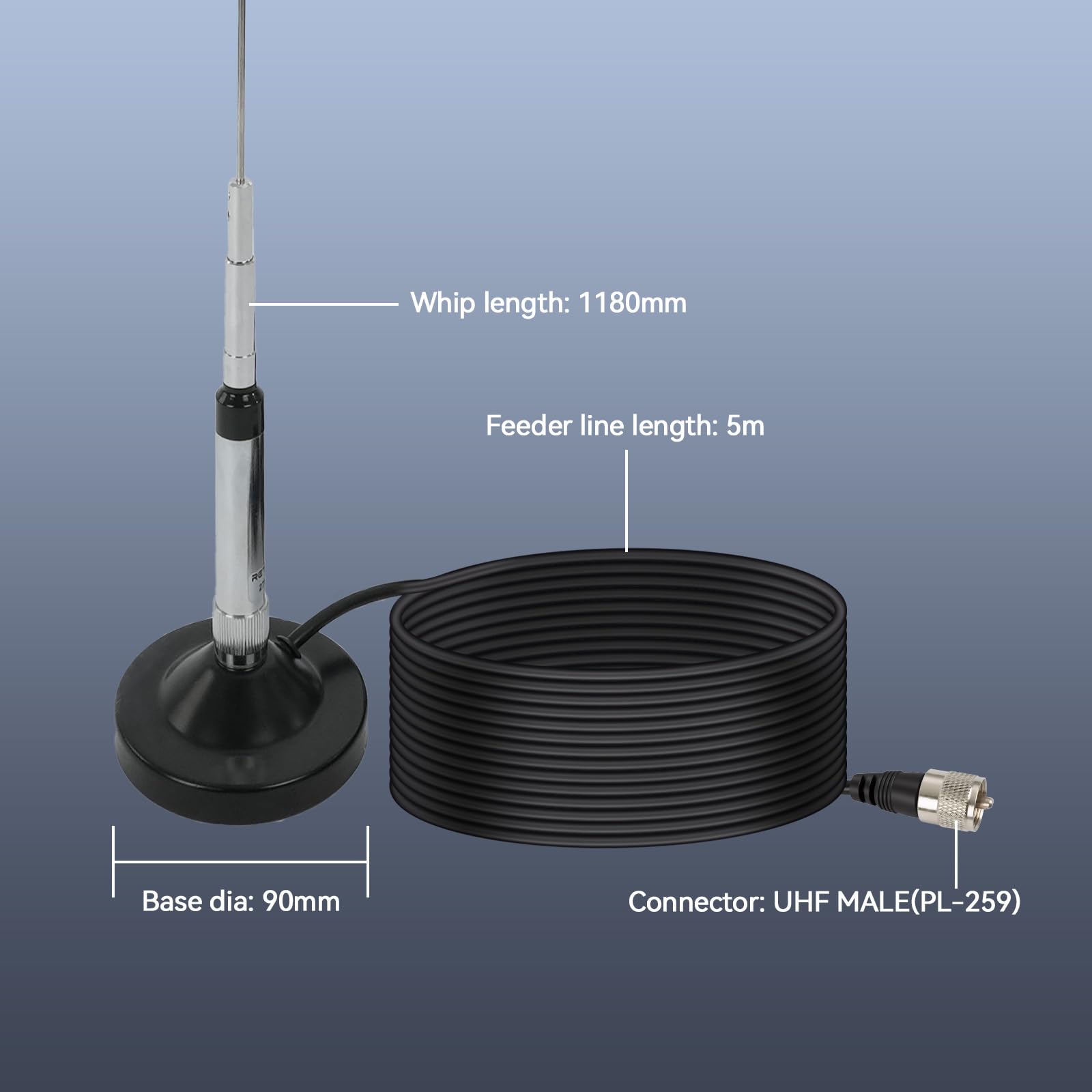 Retevis CB Funk per Radio CB, Lunghezza 120cm, 150W, Connettore PL259, Impedenza 50 Ohm, Antenna CB con Cavo RG58 da 5 m, Supporto magnetico, Antenna CB 27 MHz, Compatibile con CB Midland/Retevis