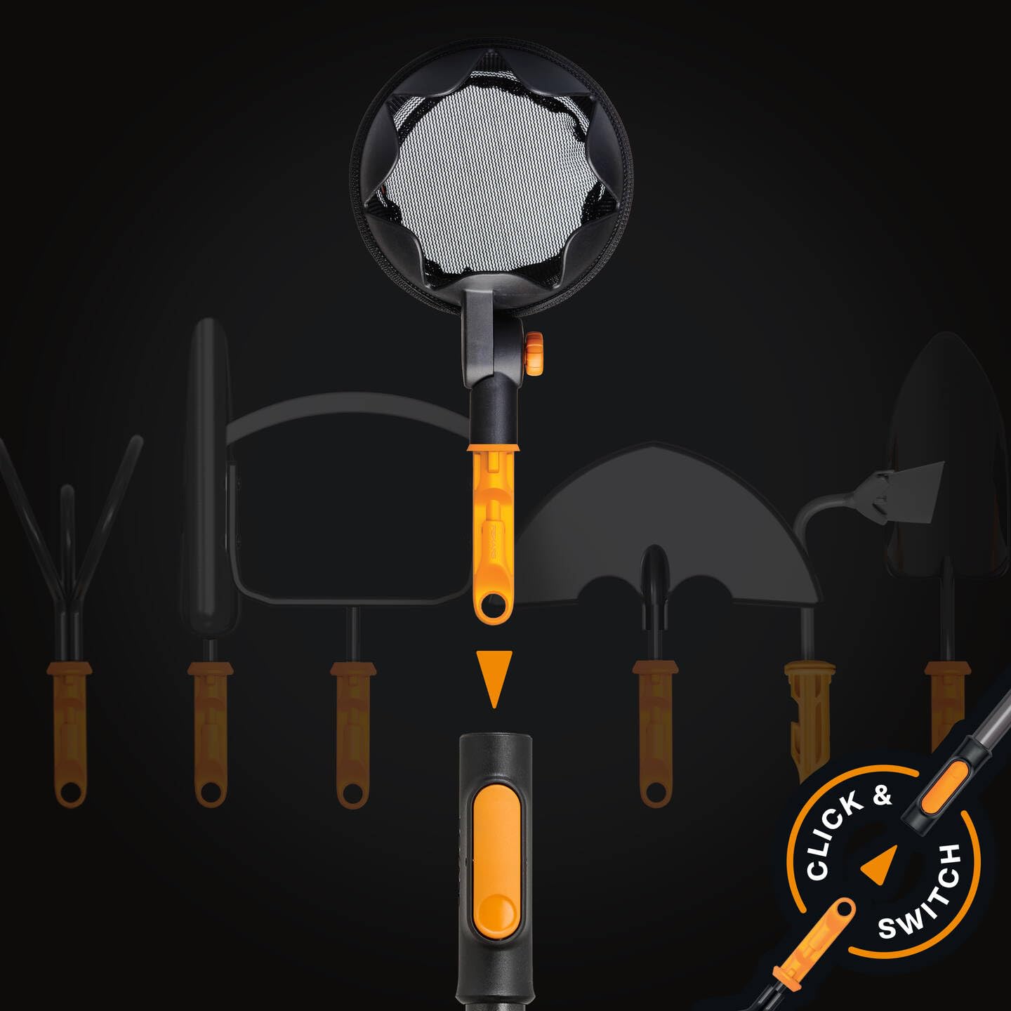 Fiskars OneClick Cueilleur de Fruits, Embout avec Filet Souple, Changement Facile en Un Clic, Lavable en Machine, Noir/Orange, 1080692