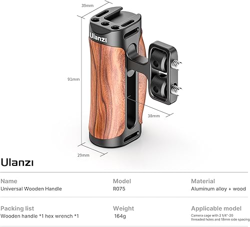 Miniatura 6 de R075 - Mango de madera para la izquierda y derecha, compatible con Sony A6400 A6600 A7III A7IV Nikon Canon Panasonic - Jaula de cámara para
