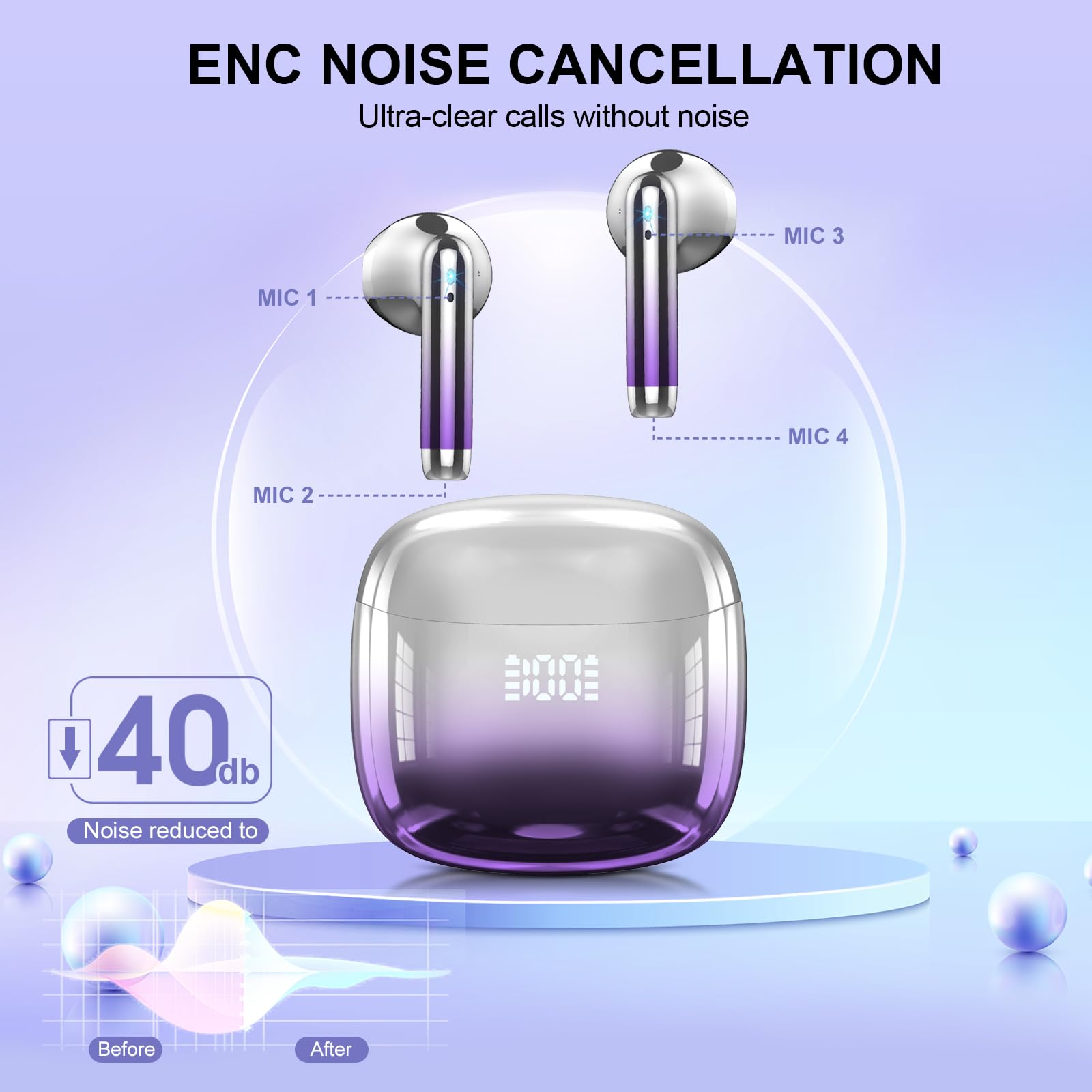 Ecouteurs Bluetooth Sans fil, Écouteurs Bluetooth 5.4, Oreillette Bluetooth HiFi Stéréo avec 4 ENC Mic, Casque Bluetooth Sans fil avec Écran LED, 40H, Étanche IP7 Écouteur, Contrôle Tactile, Violet