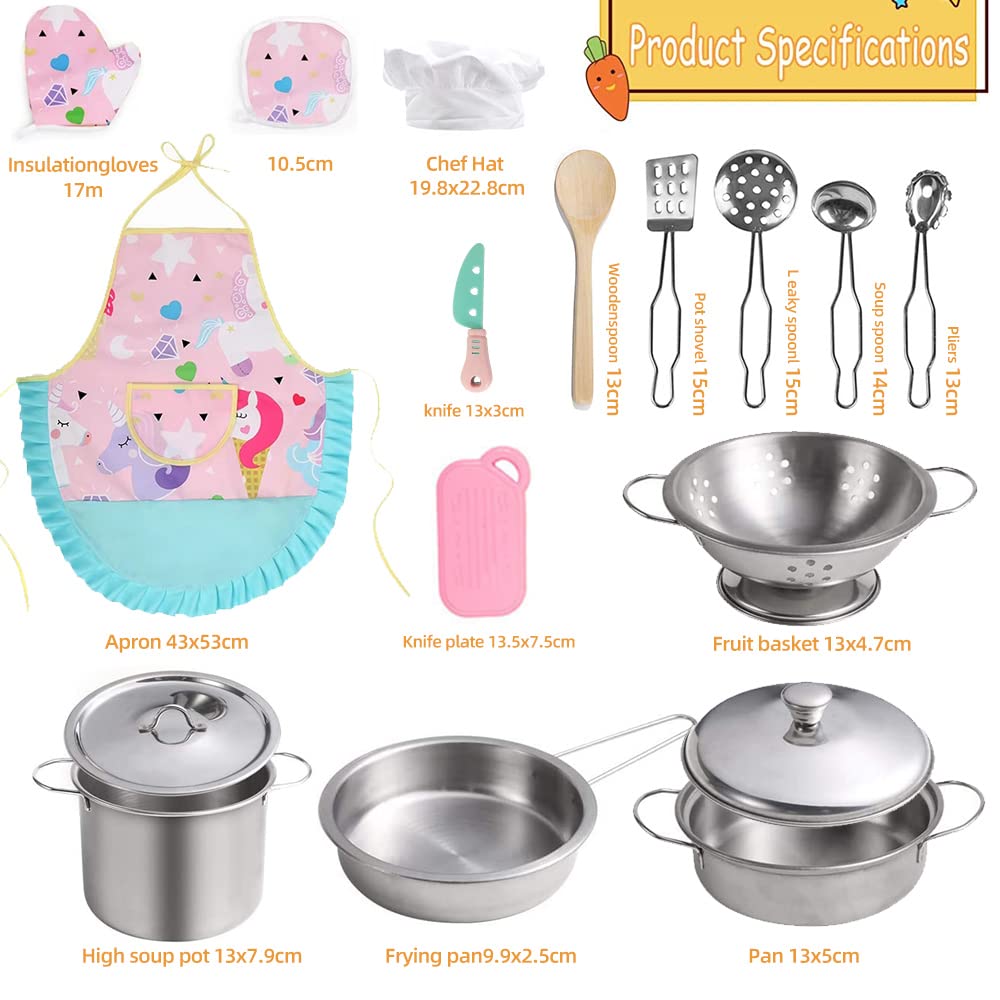Juguetes de Cocina para niños, 31 Piezas Juguetes de Chef para Niños, Cocina de Acero , Vegetales para Cortar, Delantal y Gorro De Cocinero, Cortadores de Galletas, Rodillo para niños