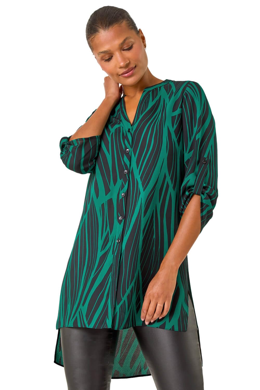 Roman Originals Women's Green Abstract Print Longline Blouse For Uk - Everyday Autumn Winter Notch Neckline Comfy Soft Evening Vacation Work Party Night Out - Size 12