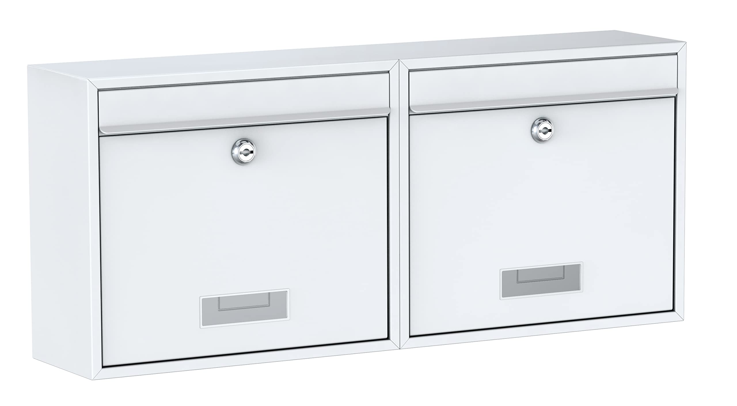 BASI Buzón de pared de acero, 2 unidades, color blanco, con placa para nombre, cerradura cilíndrica con 2 llaves, incluye material de fijación, sistema de buzón, 2 unidades