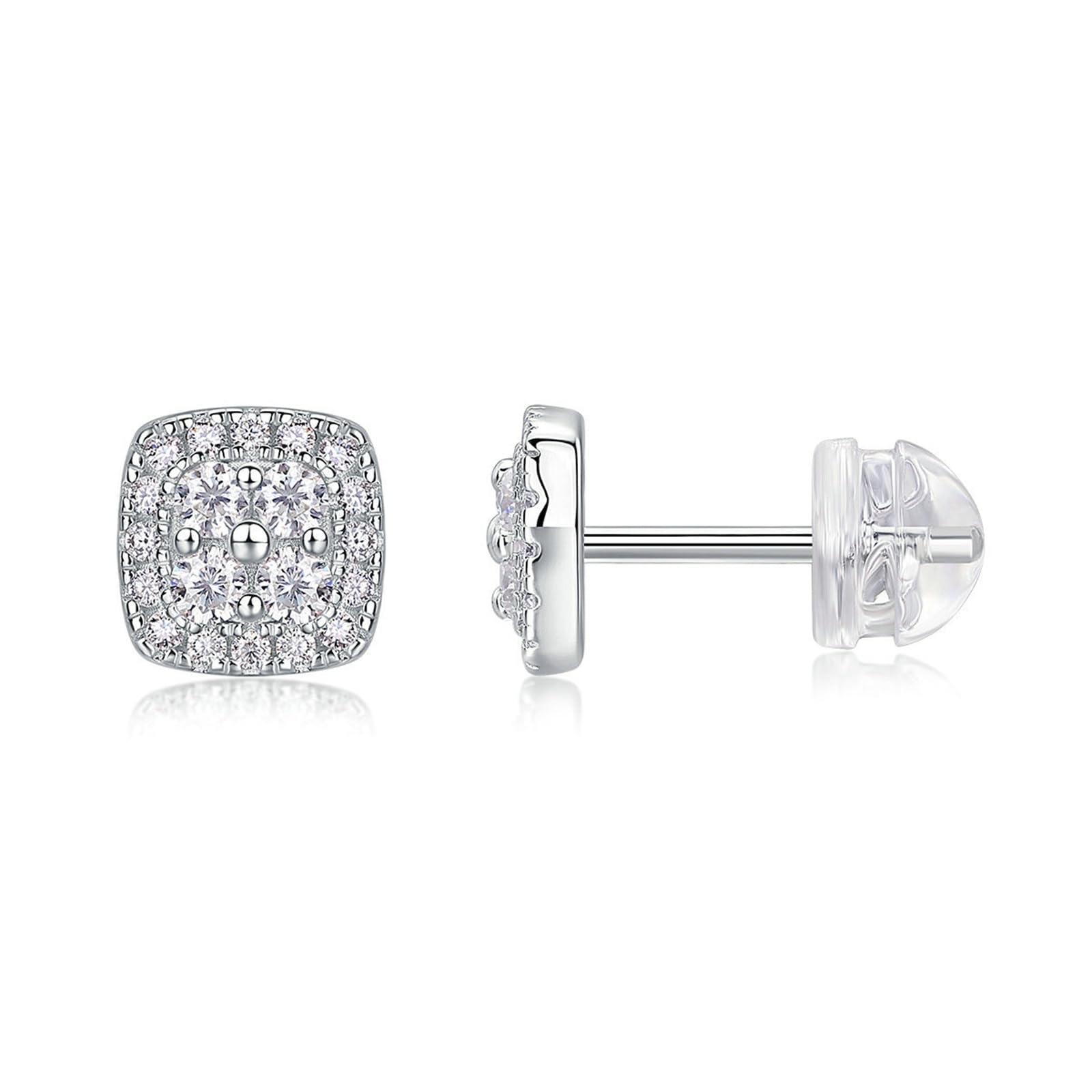 Orecchini a Lobo Donna 14K 585 Oro Bianco, Orecchino Lobo Donna Ipoallergenico Classici Design Quadrato con Moissanite Rotondi Orecchini a Bottone per Sposa Matrimonio