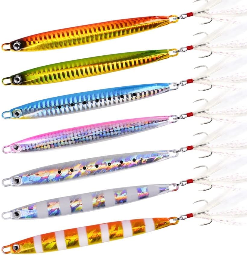 7pcs/lot Long Metal Jig Fishing Lure Slow Cast Jigging Spoon 10G 20G 30G 40G 60G Artificial Shore Metal Bait Sea Tackle