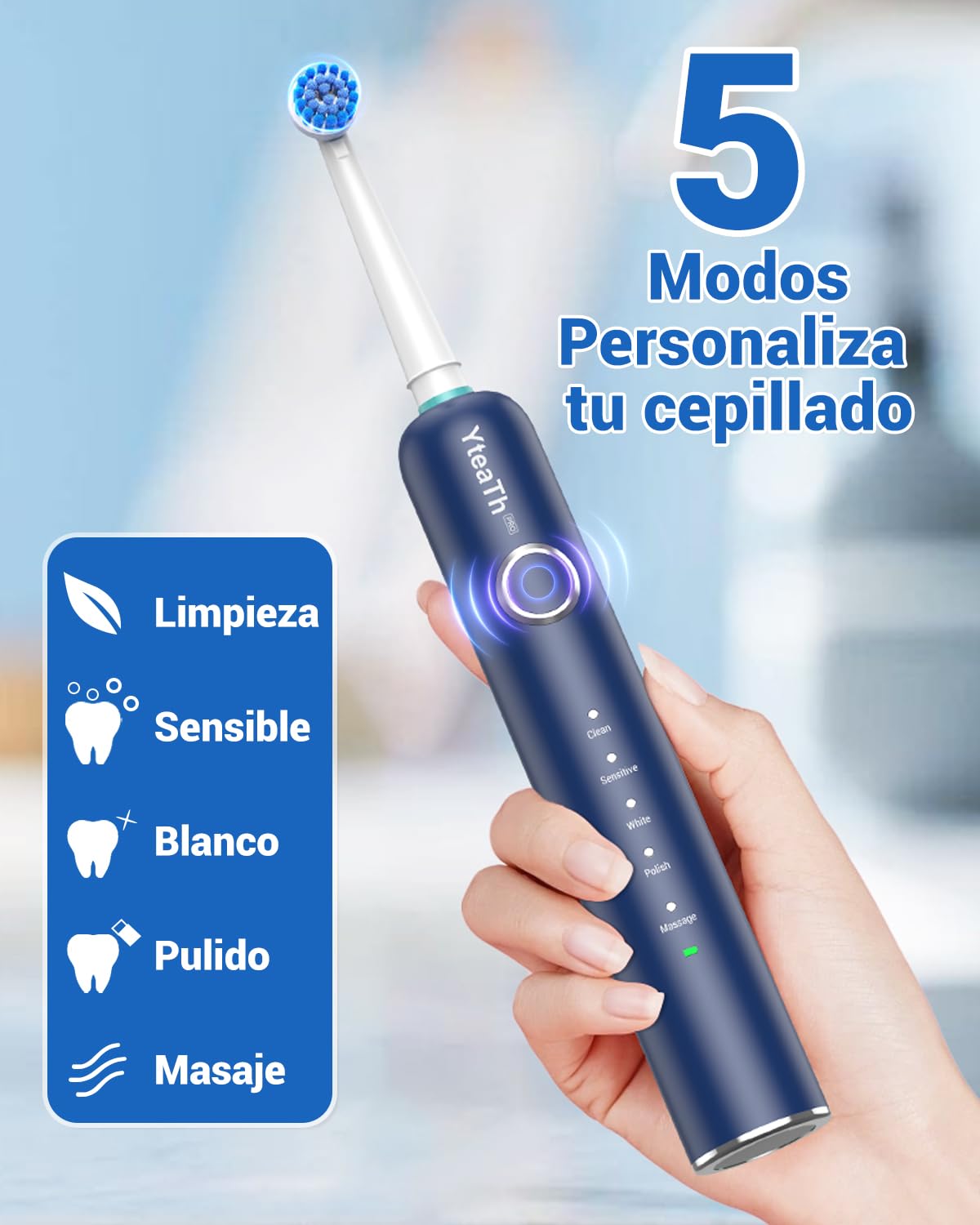 Cepillo de Dientes Eléctrico de Rotación Adultos con 8 Cabezales - Cepillo Electrico con Estuche de Viaje, 5 Modos, IPX7 Impermeable, Cepillo Dientes Electrico Viaje Recargable, Azul