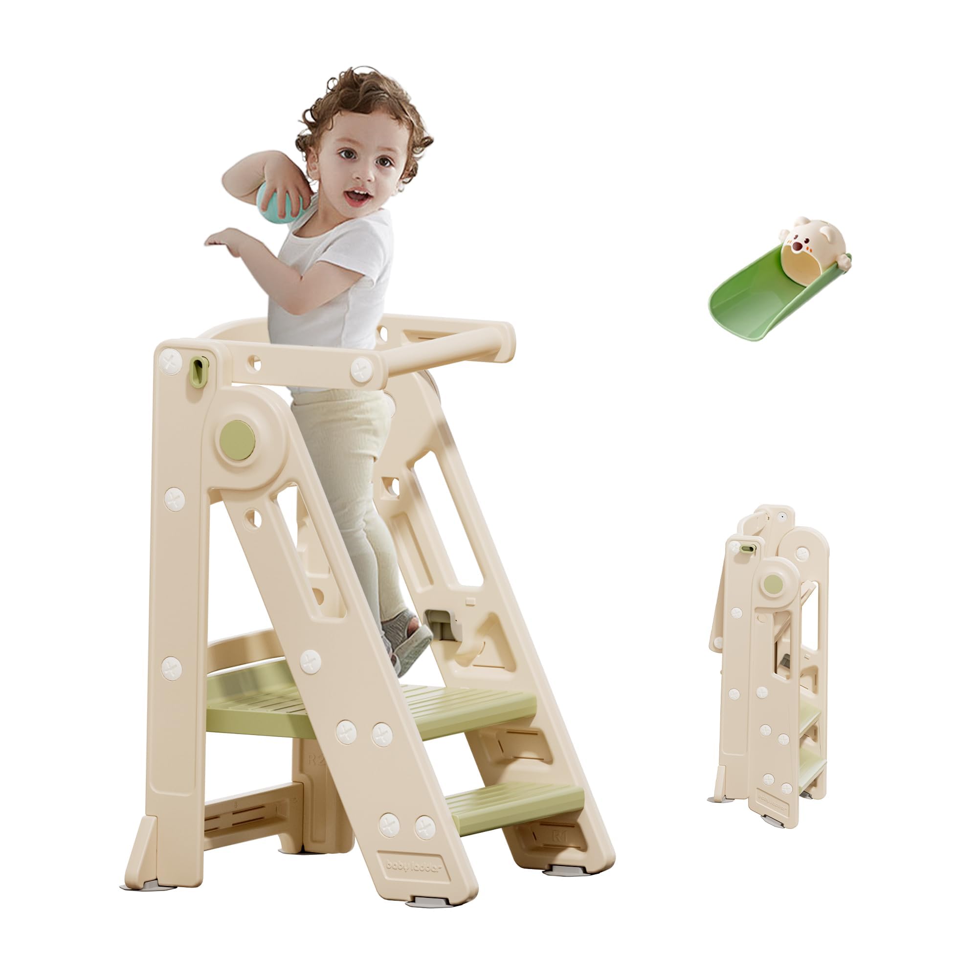 Klappbarer Lernturm für Kinder, Höhenverstellbarer Montessori Tritthocker für Küche, Bad und Kinderzimmer, Multifunktional ab 1 Jahr (Classic, Grün)