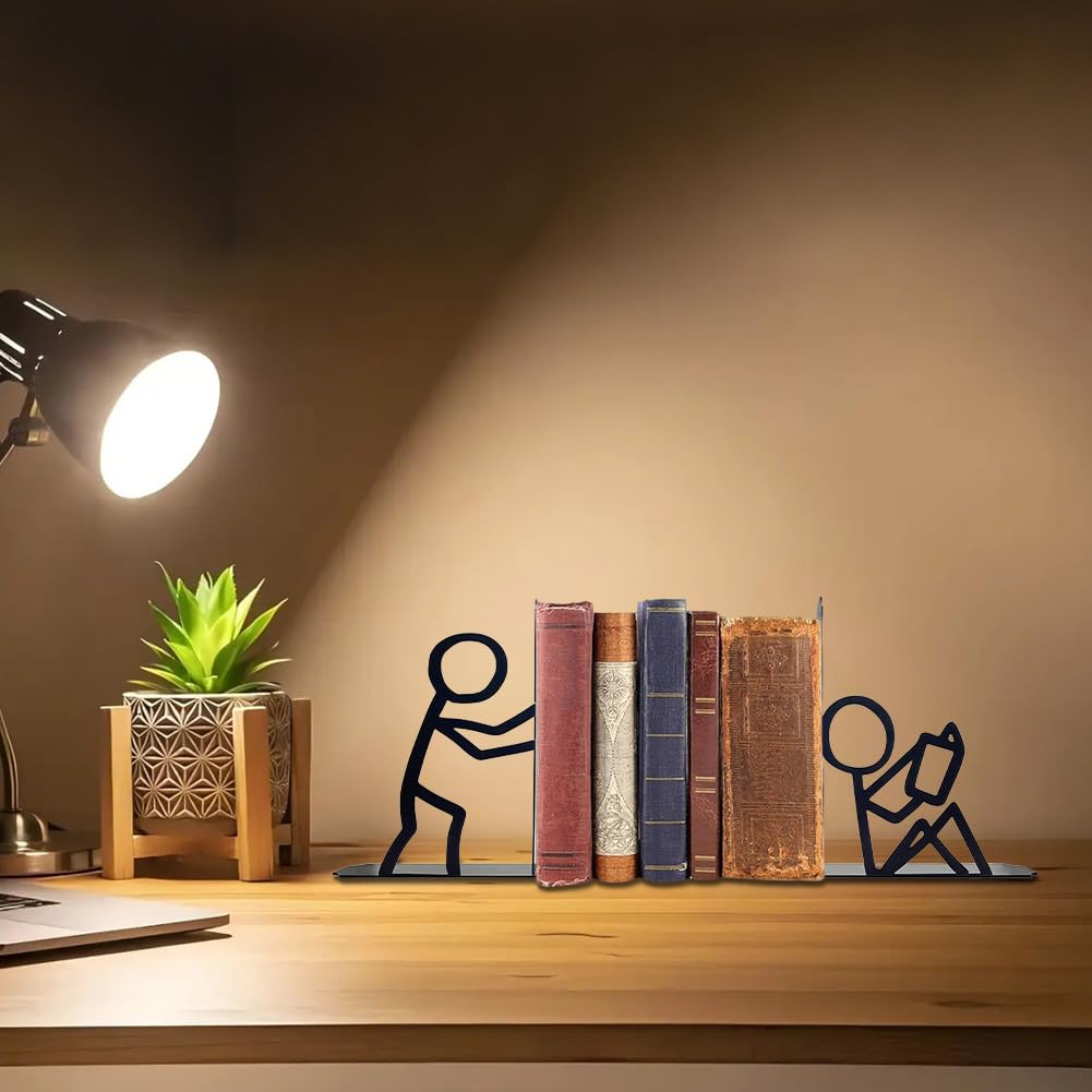 Book Ends 2-Pack, Person-Shaped Bookends for Shelves, Durable Metal Book Accessories, Desk Organizers for Books as Home Office Decor, Unique Gift for Bookworms (Black) - Image 3