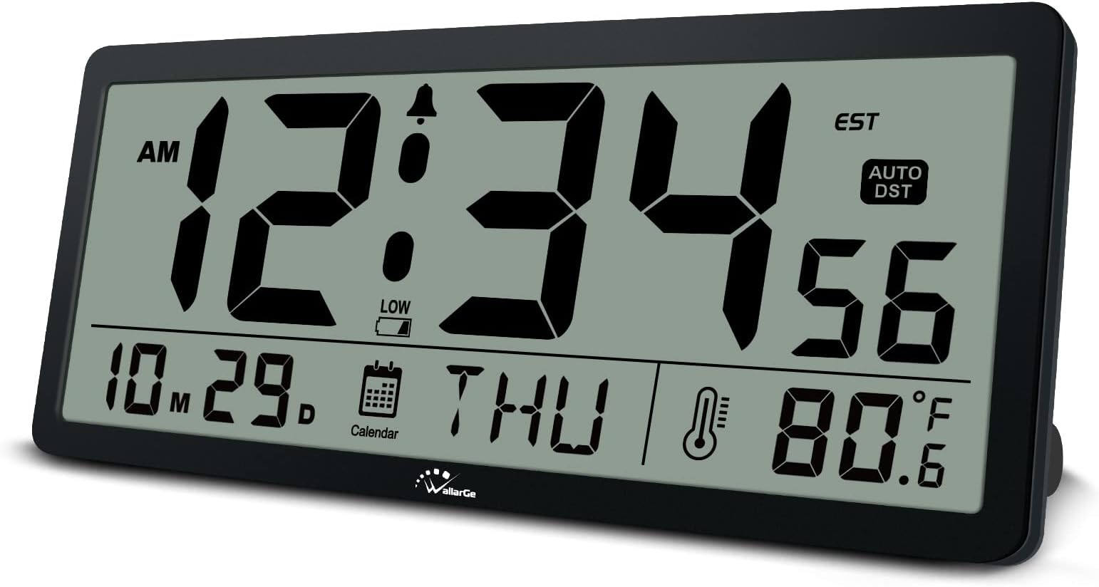 WallarGe Auto Set Large Digital Wall Clock Battery Operated with Temperature, Date, Seconds and Large Display, Auto DST, Great Clocks for Seniors, Living Room and Office 14 Inches