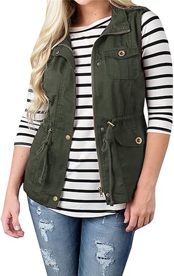 Womens Lightweight Sleeveless Military Anorak Drawstring Jacket Vest Cargo Utility Safari Vest