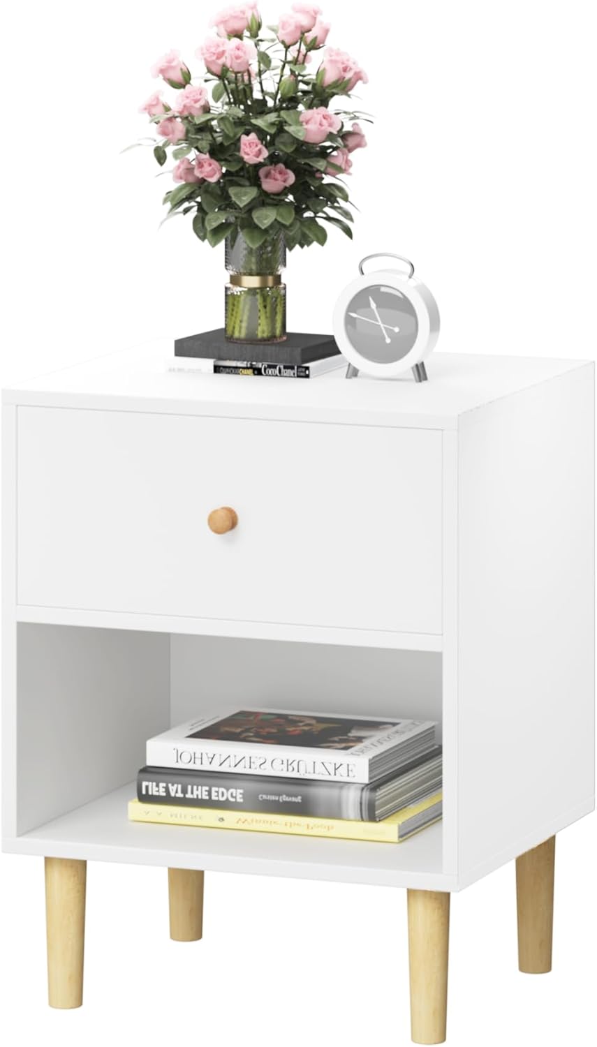 Kids Nightstand, Modern Night Stand with One Drawer and Open Storage Shelf, Wooden Bedside Table, End Table for Living Room, Bedroom, Toddler Nightstand for Boys and Girls, White