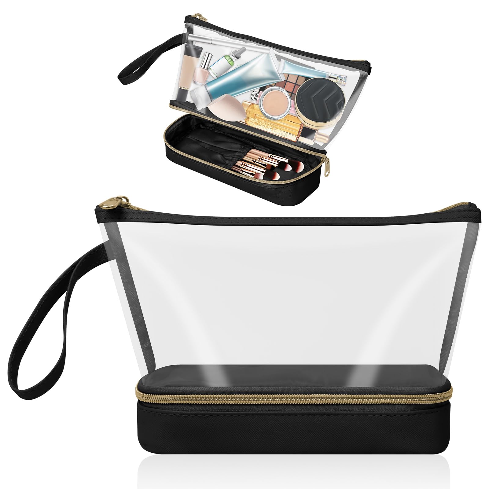 Clear Makeup Bag, Small Makeup Bag with Compartments for Brushes TSA Approved Waterproof Travel Toiletry Bag - Image 2
