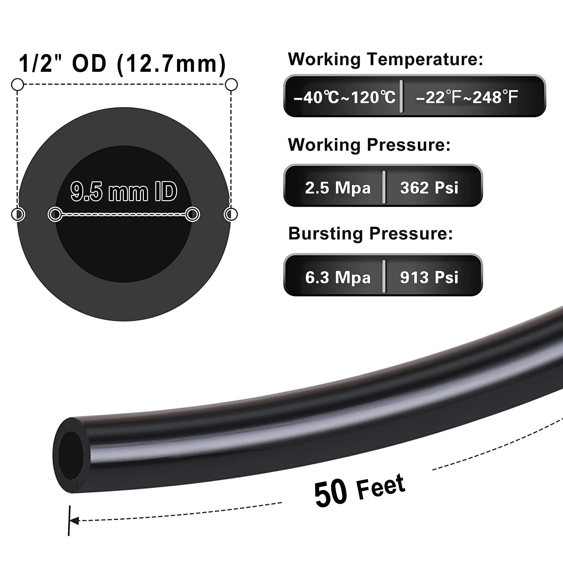 LokoCar Línea de aire de nailon de 50 pies y 1/2 pulgada OD tubo de nailon neumático aprobado por DOT SAE J844 aerolínea para tubos de freno de aire o transferencia de fluidos, color negro