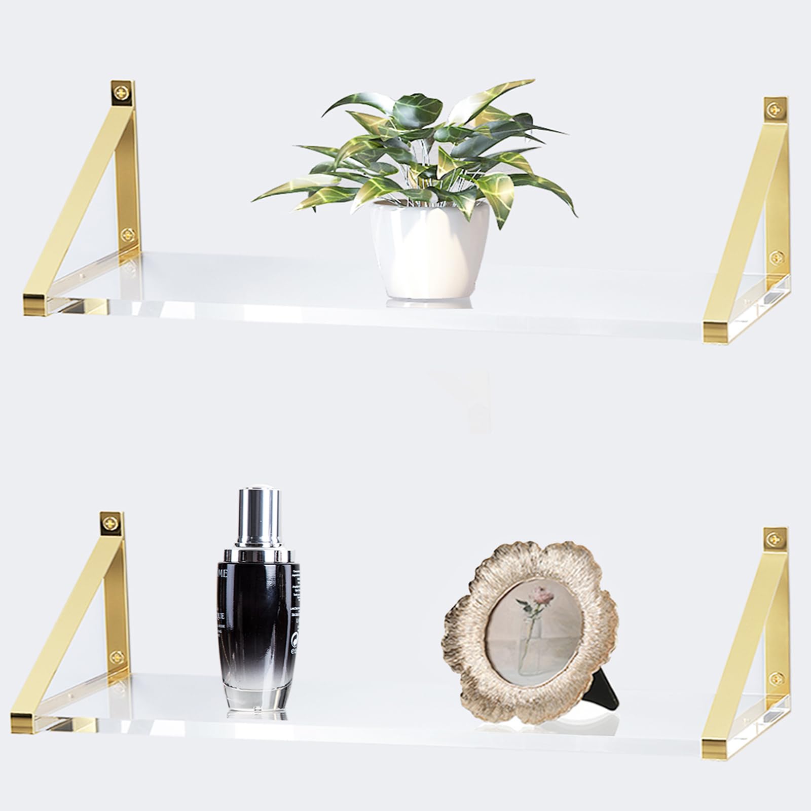 KDCMXS Sturdy Large 25×5.9 inch Thicker 2/5"(10mm) Crystal-Clear Acrylic Gold Shelves for Wall,Gold Floating Shelves,Clear Shelves for Wall Décor,