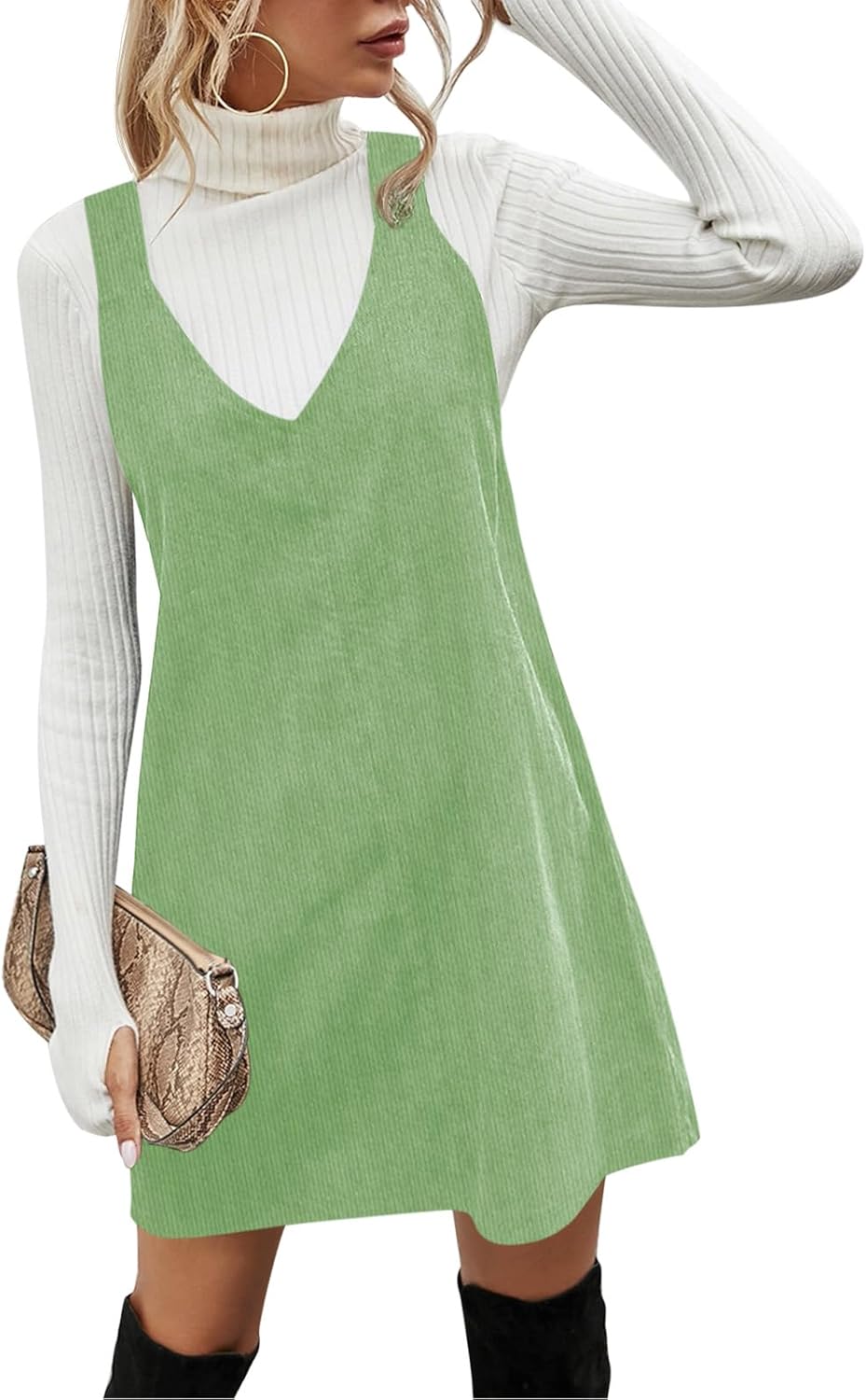 Koinshha Women V Neck Corduroy Overall Dress Casual Loose Short Pinafore Dresses Cute Mini Jumper Dress