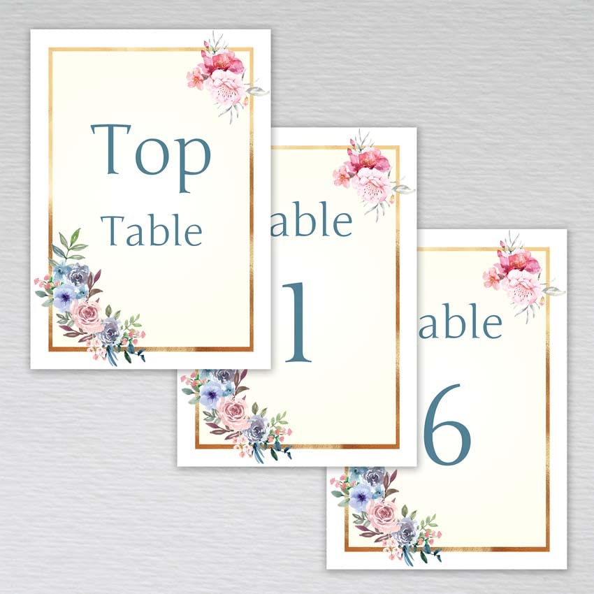Pack of Table Numbers 1-20 and Top Table - A6 Floral Elegance Non-Folding Cards.