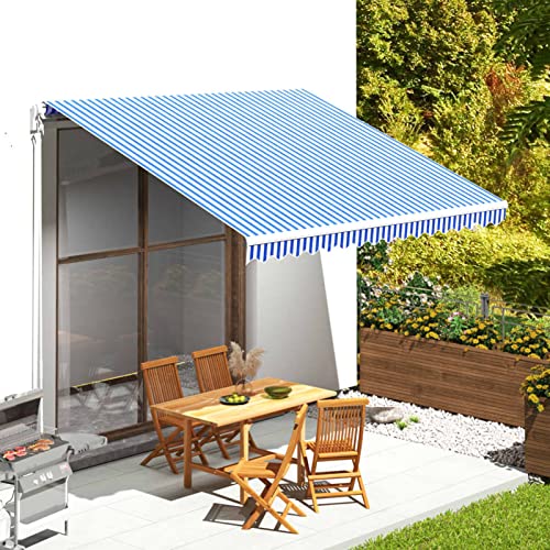 Toldo retráctil para exteriores de 4 x 3,5 m, color azul y blanco, ideal para balcones y patios, tela duradera, repuesto de toldo de jardín con diseño de brazo extensible