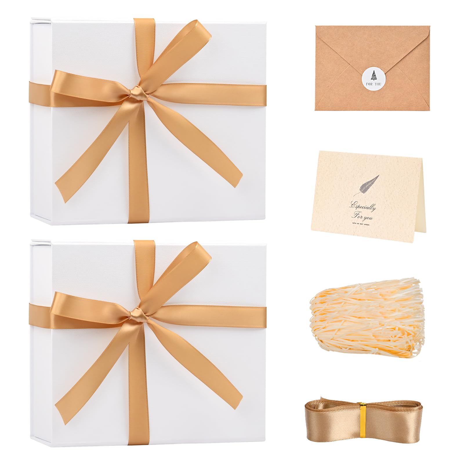 LIFELUM White Gift Boxes with Lids for Presents 2 Pack 8x7x3 Inch Gift Boxes with Ribbon,Card,Shredded Paper Filler Magnetic Gift Box for Birthdays Gifts