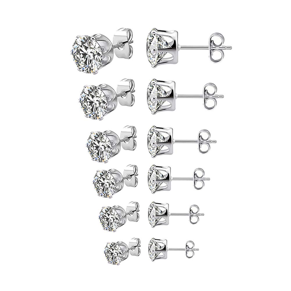 Stainless Steel Round Cubic Zirconia Gem Stud Earrings set,3mm-8mm 6 Pairs