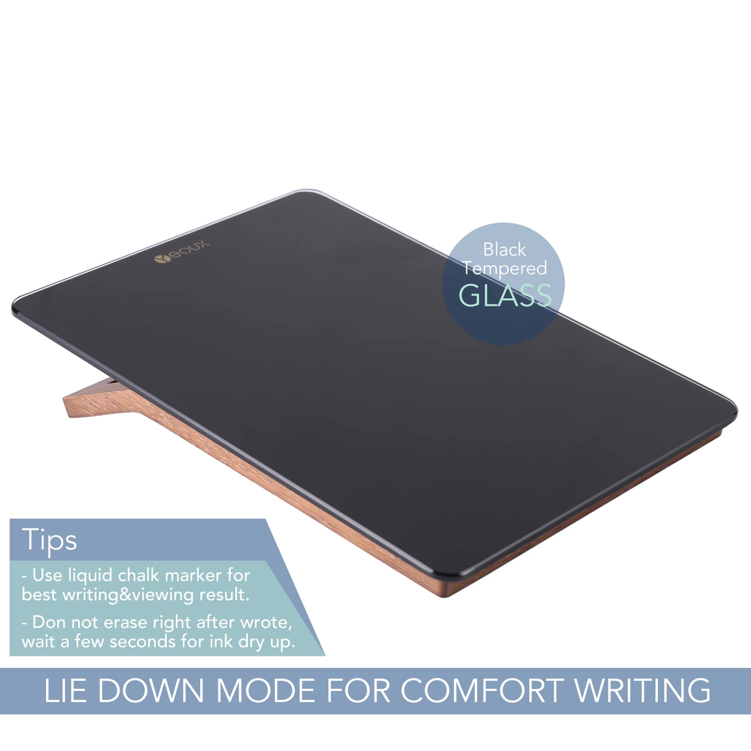 Desktop Black Glass Dry Erase Whiteboard with Reversable Wood Stand