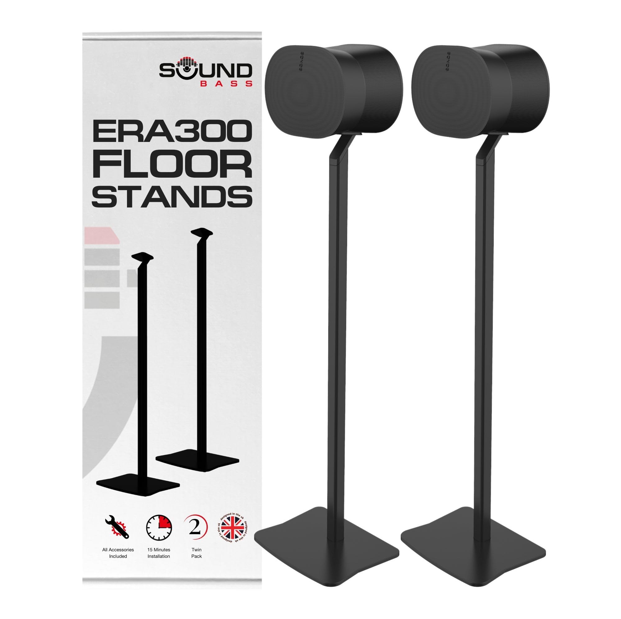 ERA300 Floor Stand, Premium Metal Design, Twin Pack (2pcs), Black, Compatible with Sonos ERA 300 Speaker, Accessories Included, Cable Management, Designed in the UK, Double, Pair