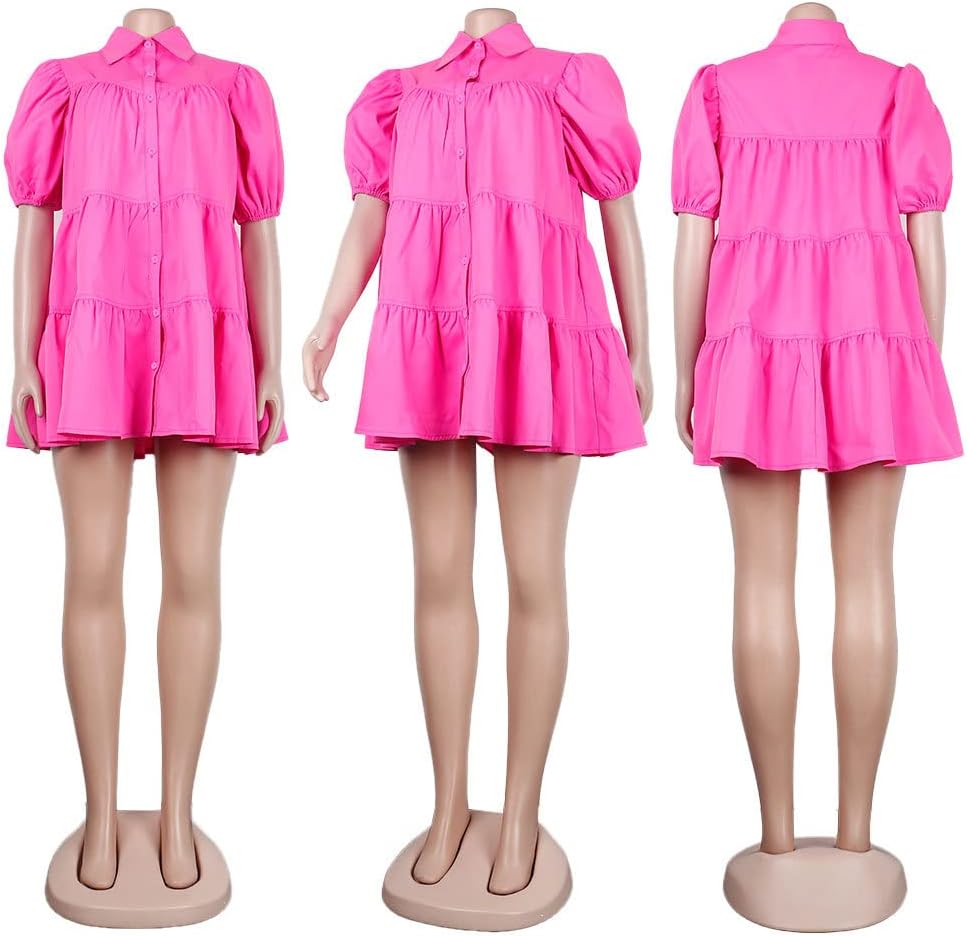 WOKANSE Women's Cute Babydoll Dresses 2024 Casual Loose Puff Sleeves Ruffle Hem Button Down Pleated Shirt Dress - Image 3