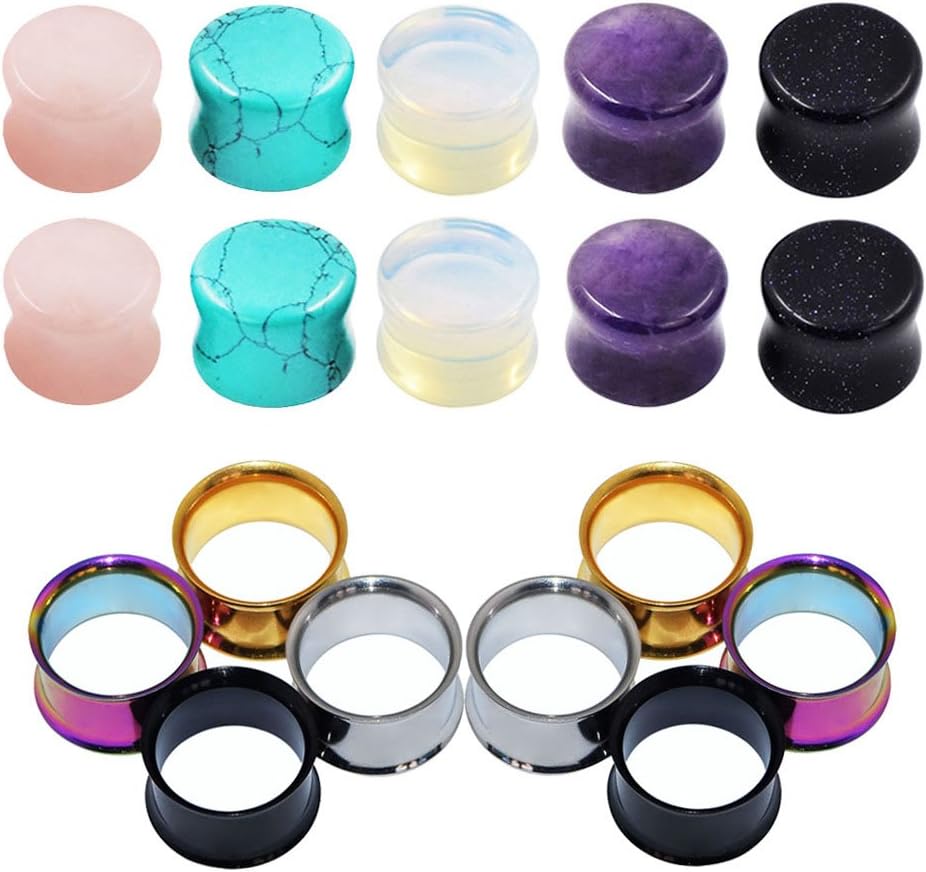 Qmcandy 18pcs or 8pcs 8g-5/8 in Organic Stone & Stainless Steel Mixed Ear Tunnels Stretching Plugs Piercing