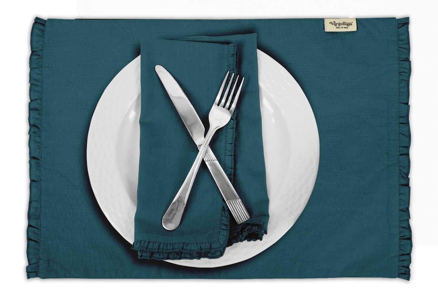 Vargottam Teal Blue Home Decor Cotton Flex Reversible Fabric Frill Placemats Table Dining Mats-Set Of 6