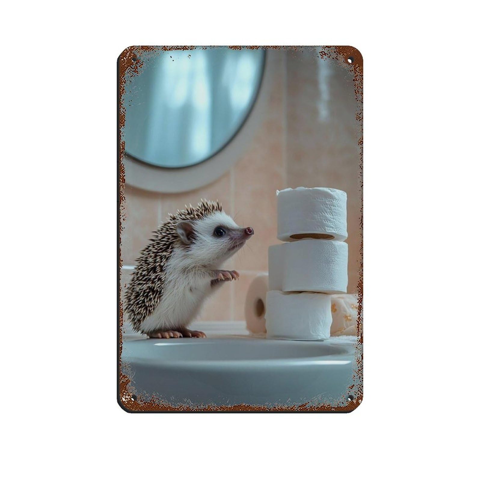 Cute Hedgehog Bathroom Retro Poster Metal Tin Sign Chic Art Retro Iron Painting Bar People Cave Cafe Family Garage Poster Wall Decoration 8x12inch(20x30cm)
