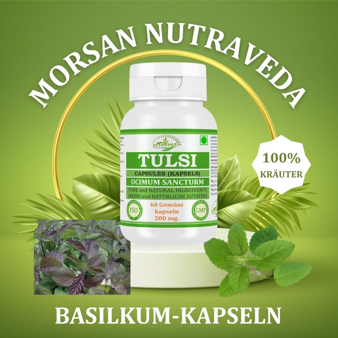 Tulsi (Ocimum sanctum, Basil) Extrakt mit 10:1 Stärke, 500 mg x 60 vegane Kapseln | Ayurvedisches Kräuterergänzungsmittel für Männer und Frauen (1 Flasche mit 60 Kapseln)