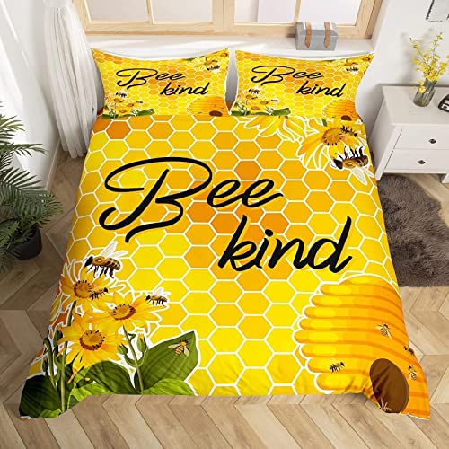 Funda Nordica Cama 180 Abeja Amarilla Juego de Cama Panal de Microfibra Suave Impresión 3D Funda Nórdica Plantas con Flor Funda Edredon 260x240 cm y 2 Fundas de Almohada