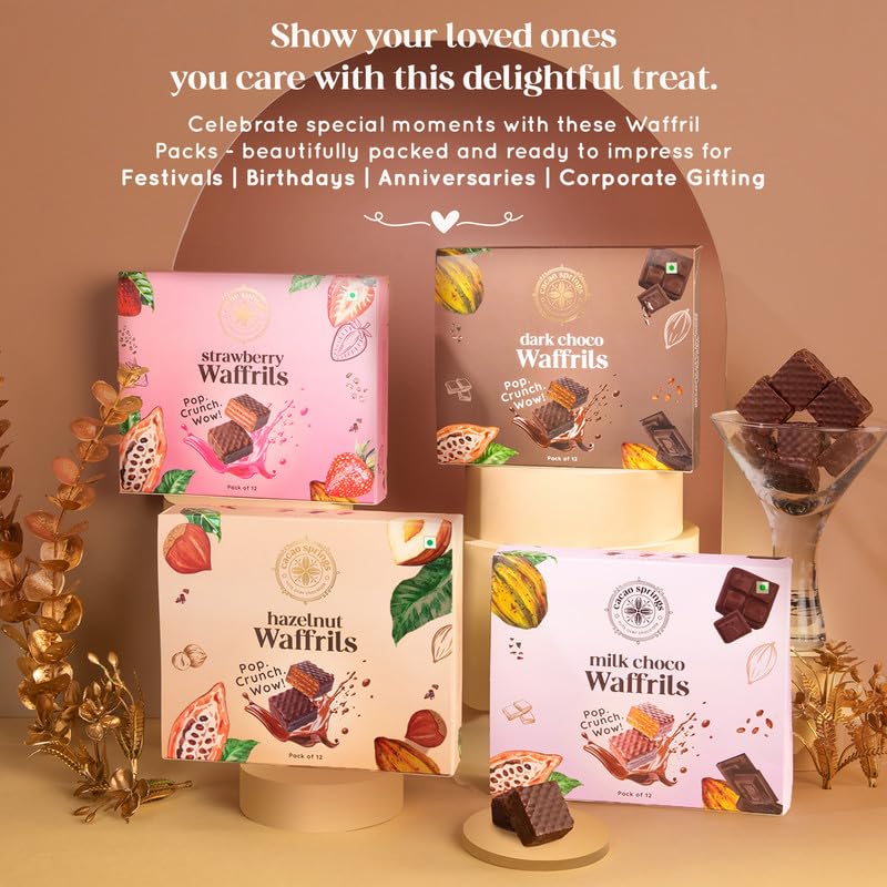 Image of Cacao Springs Premium Strawberry Waffrils Gift Box, Premium Choco & Nut Delicacy Waffle Chips, Great for Snacking, Premium Gift Hamper for Christmas Gifts, 12 Pieces in Each Box, 1 Box, 120gm