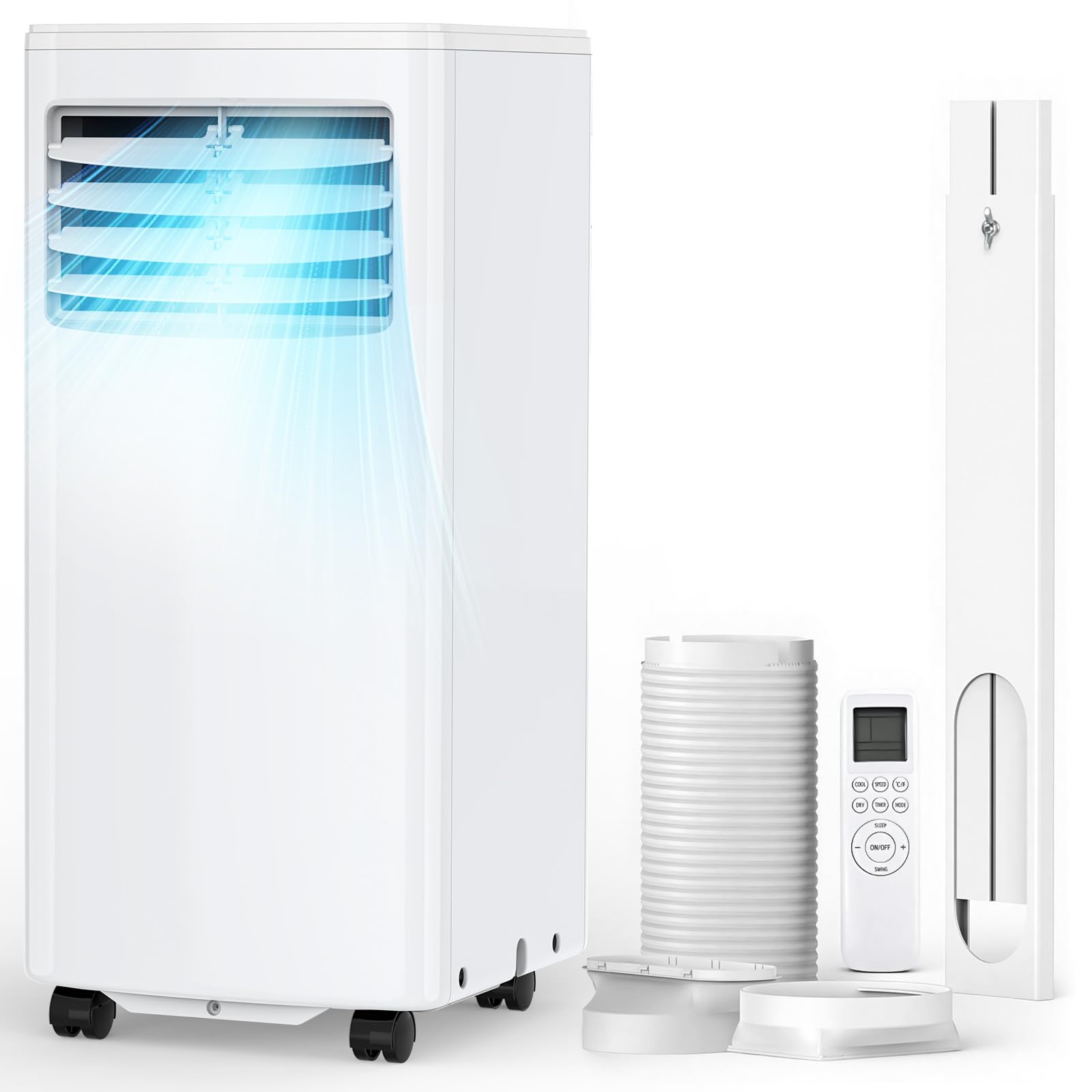 Ningbo Luowa Electric Appliances Co., Ltd. Electactic 8000 BTU Portable Air Conditioner, 4-in-1 AC Unit with Dehumidifier Fan LED Display, Remote Control, Quiet, Sleep Mode, 360° Casters, Window Kit for Room Office Apartment, 8,000