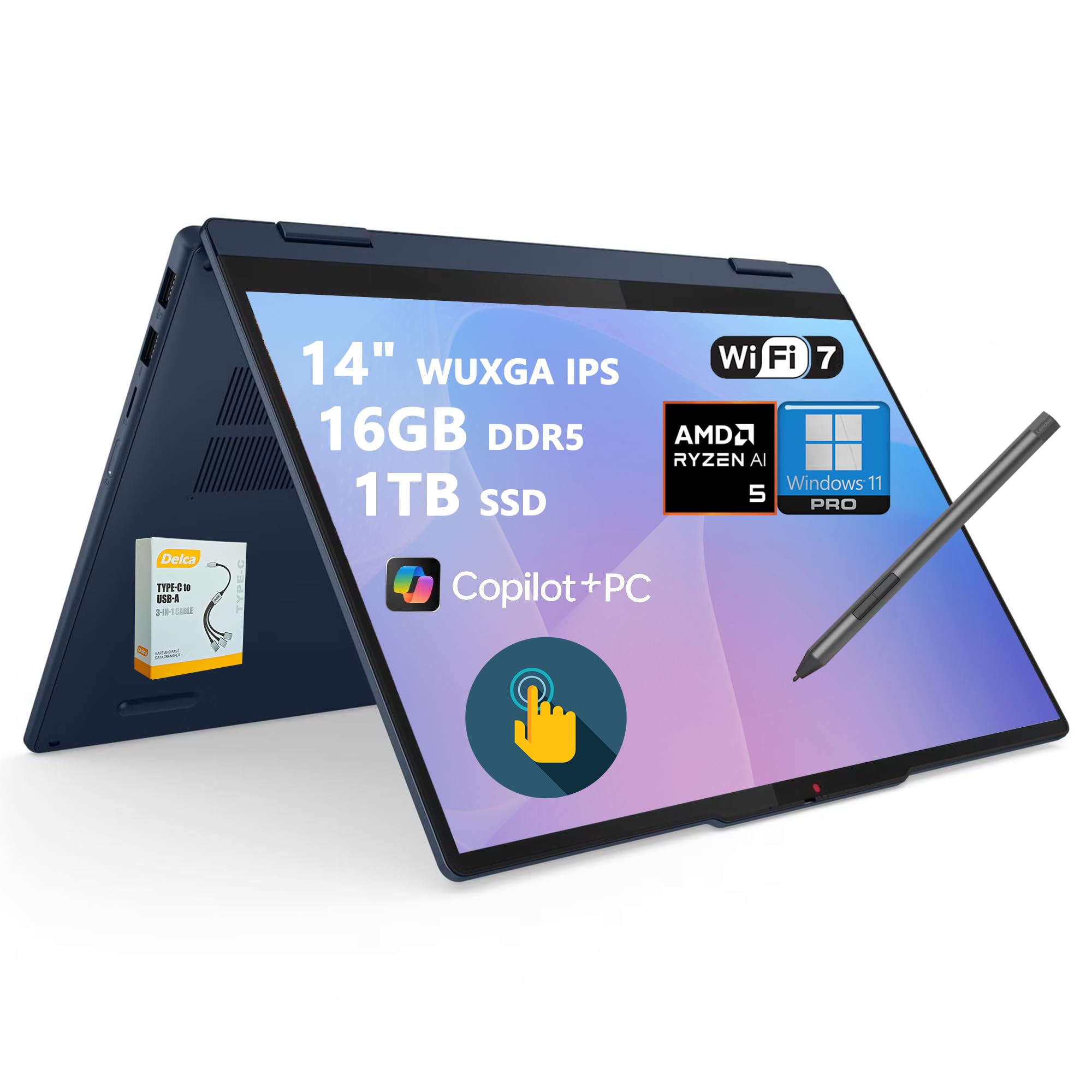 IdeaPad Flex 5 2-in-1 Laptop | 14" WUXGA IPS Touch | AMD Ryzen AI 5 340 (Up to 50 Tops) | 16GB DDR5 1TB SSD | Copilot+ PC for Creator Designer Business Professional Win11 Pro w/DLCA Accessory