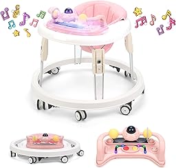 Baby Walker, Foldable Multi-Function Anti-Rollover Walker with Music Tray & Light, 7 Level Height Adjustable, Baby Walkers for 1 Year Olds Suitable for All Terrains (Pink)