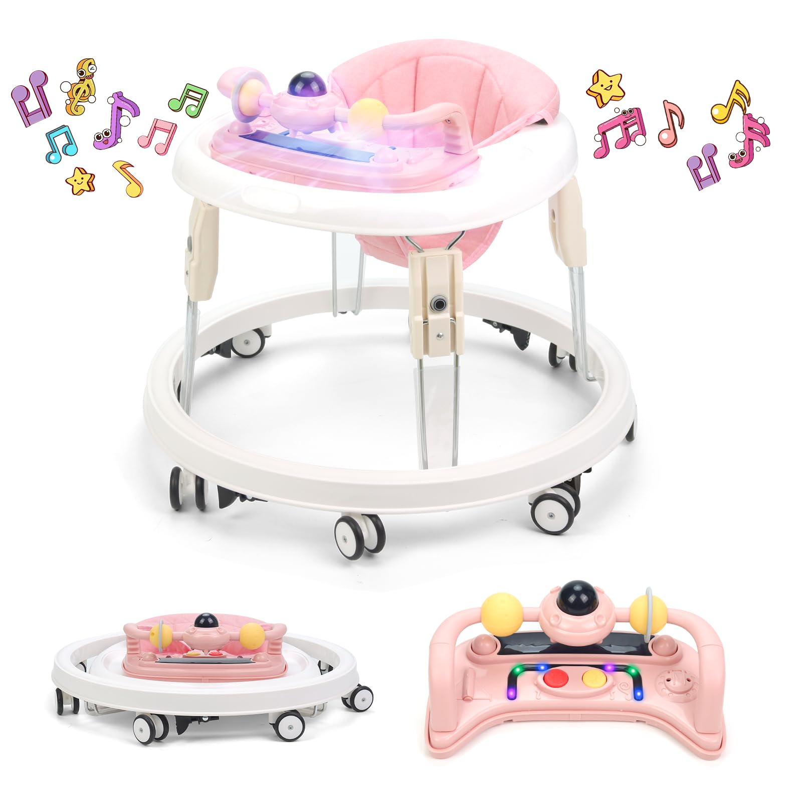 Baby Walker, Foldable Multi-Function Anti-Rollover Walker with Music Tray & Light, 7 Level Height Adjustable, Baby Walkers for 1 Year Olds Suitable for All Terrains (Pink)