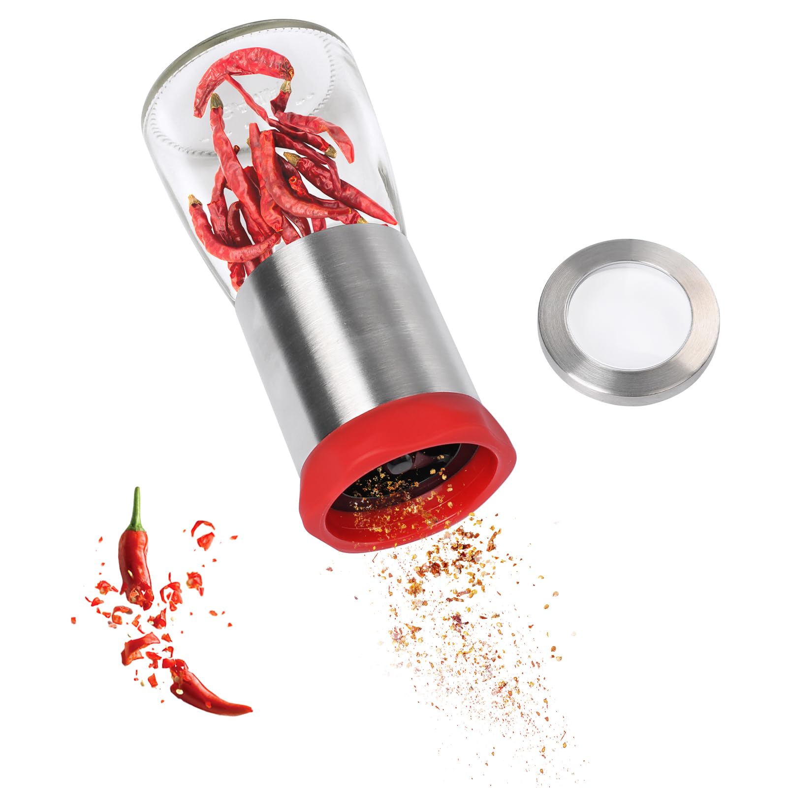 Chilimühle Edelstahl & Glas,Chilischneider für Getrocknete Chilis und Grobe Gewürze,Gewürzschneider Schneidwerk set mit Schneideklinge,für viele Paprikasorten geeignet