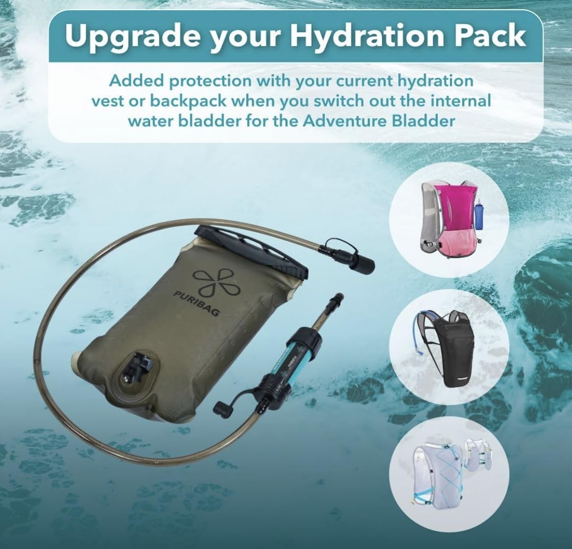 Puribag Adventure Bladder: 2 Liter Trinkblase mit Filter – Ersatz-Rucksack-Wasserblase kompatibel mit anderen Daypack-Trinksystemen, perfekt für Rucksackreisen, Wandern und Radfahren