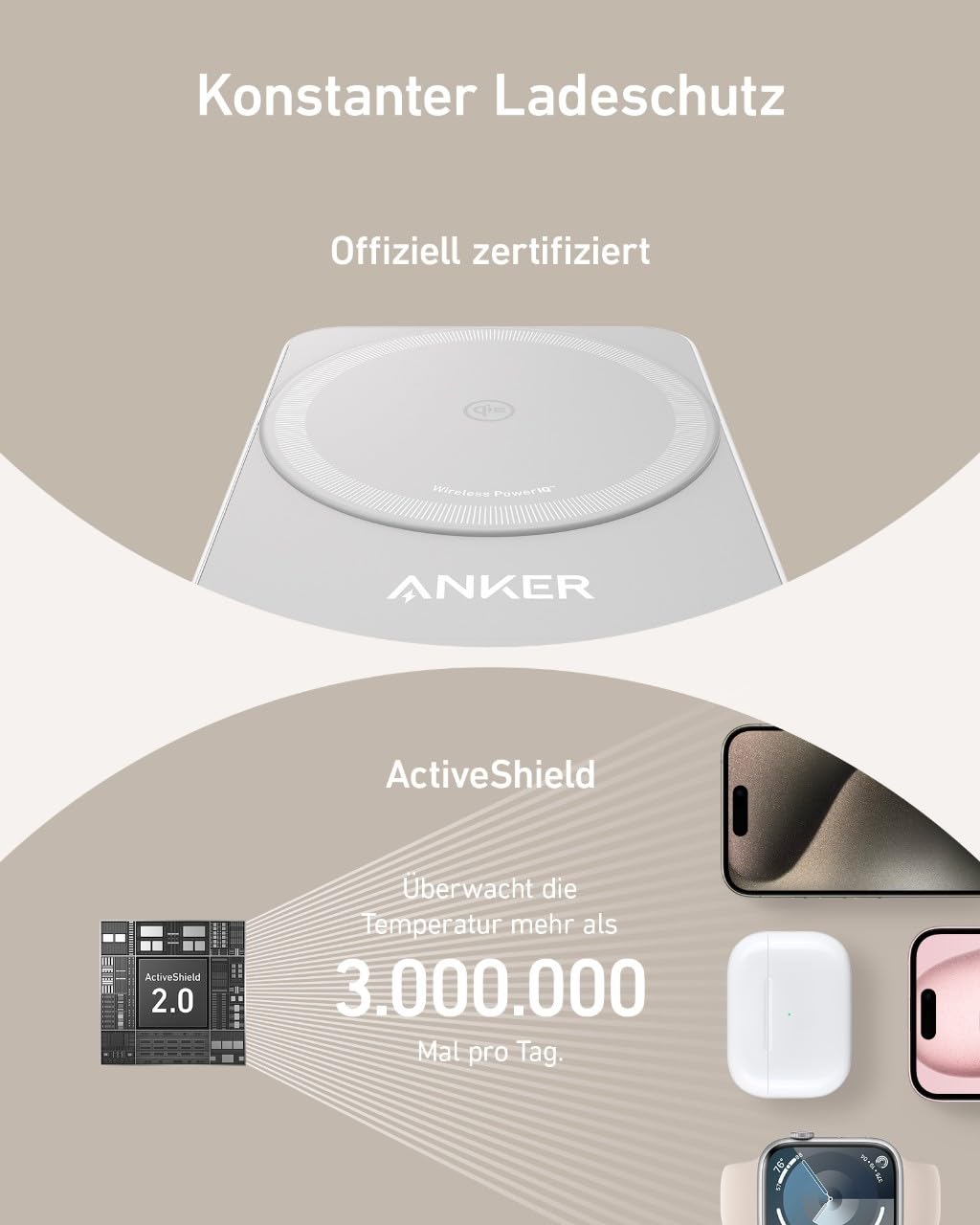 Anker MagGo 3-in-1 Ladestation, Qi2 zertifizierter 15W kabelloser Ladeständer, MagSafe kompatibel, Apple Watch Ladegerät, Für iPhone 17/16/15/14, AirPods, Apple Watch 9 (Mit 40W USB-C Netzteil)