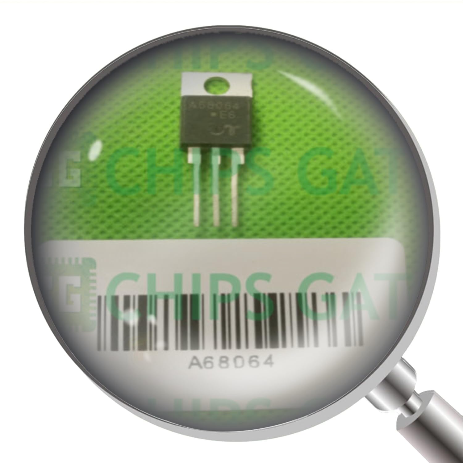 Close-up view of the CG CHIPS GATE A68064 AND Logic Gate integrated circuit, magnified to show the model number A68064 and barcode.