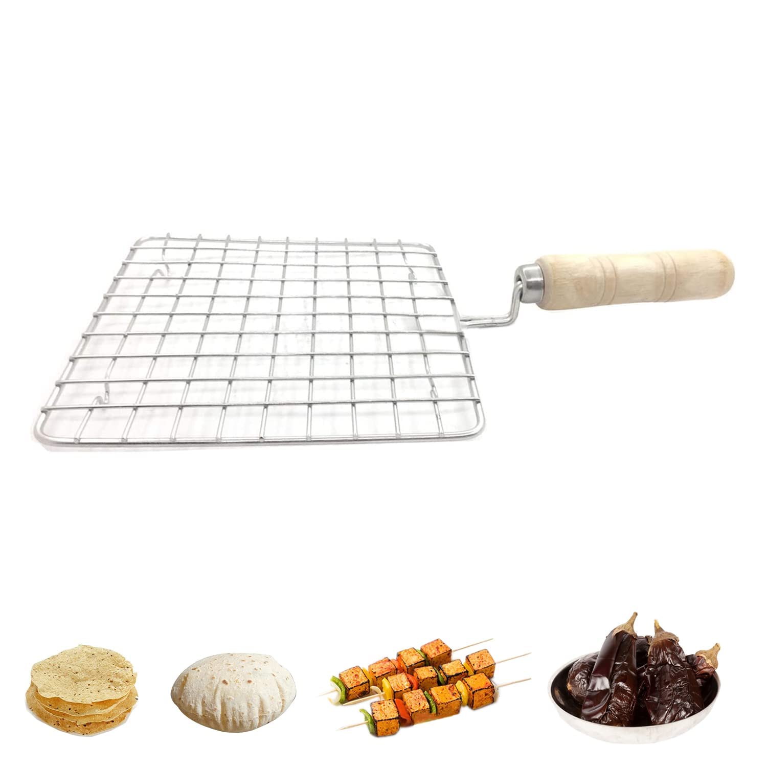 LMR3 Wooden Handle with Roasting Net, Papad Jali,Roti Grill,Chapati Grill (Square -roaster with chimts) 4