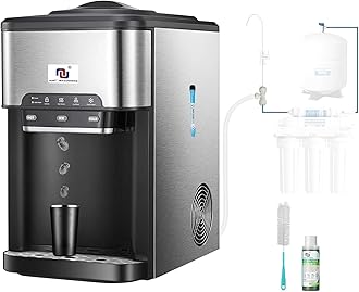 NUNET 3-in-1 Ice Maker Water Dispenser Water Cooler Filled by Water Line w. 10ft Water Inlet Hose 1/2" &1/4" Connector Hot/Cold Water Ready Makes 44 lbs Ice Daily Stores 4lb Ice