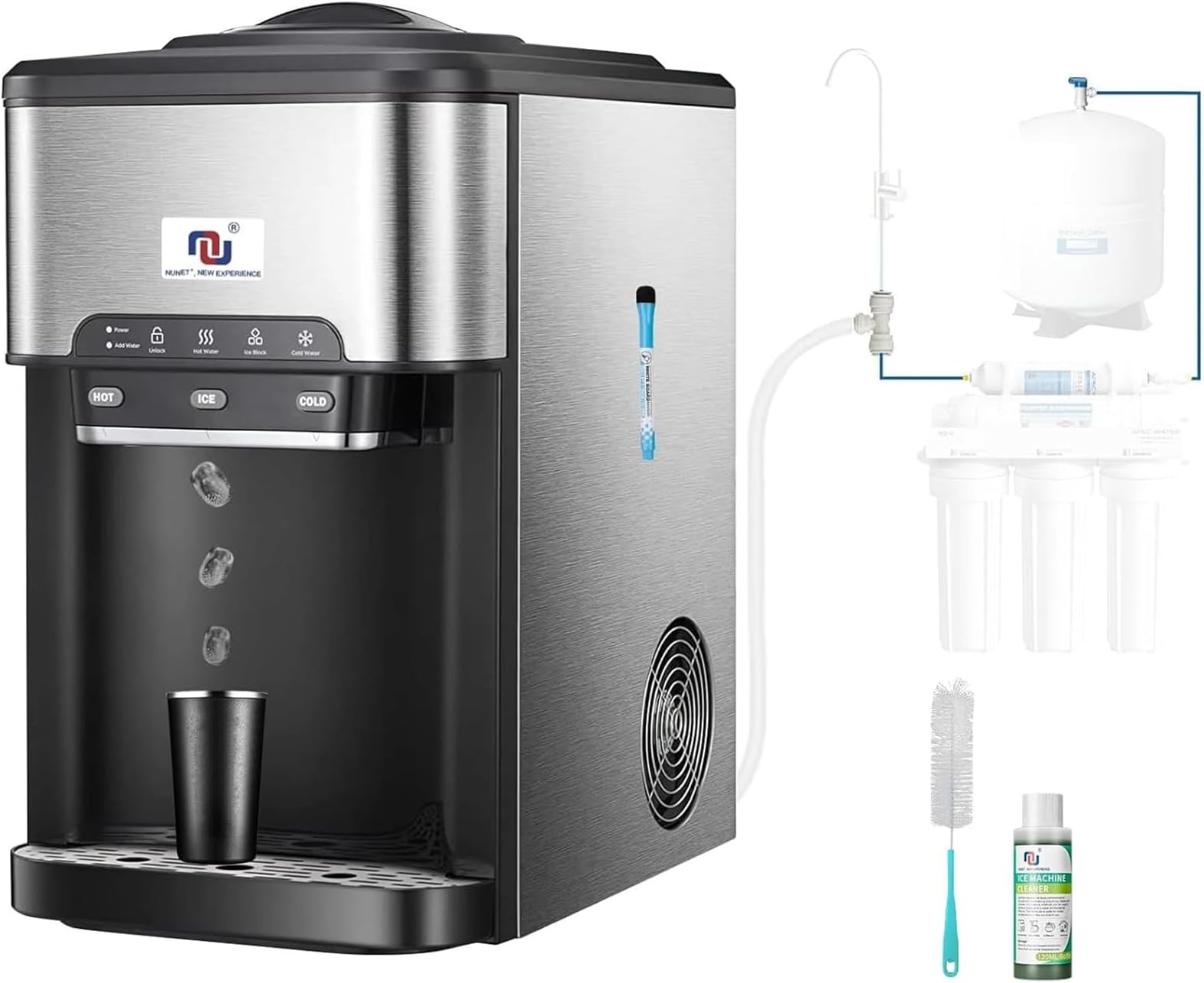 NUNET 3-in-1 Ice Maker Water Dispenser Water Cooler Filled by Water Line w. 10ft Water Inlet Hose 1/2" &1/4" Connector Hot/Cold Water Ready Makes 44 lbs Ice Daily Stores 4lb Ice