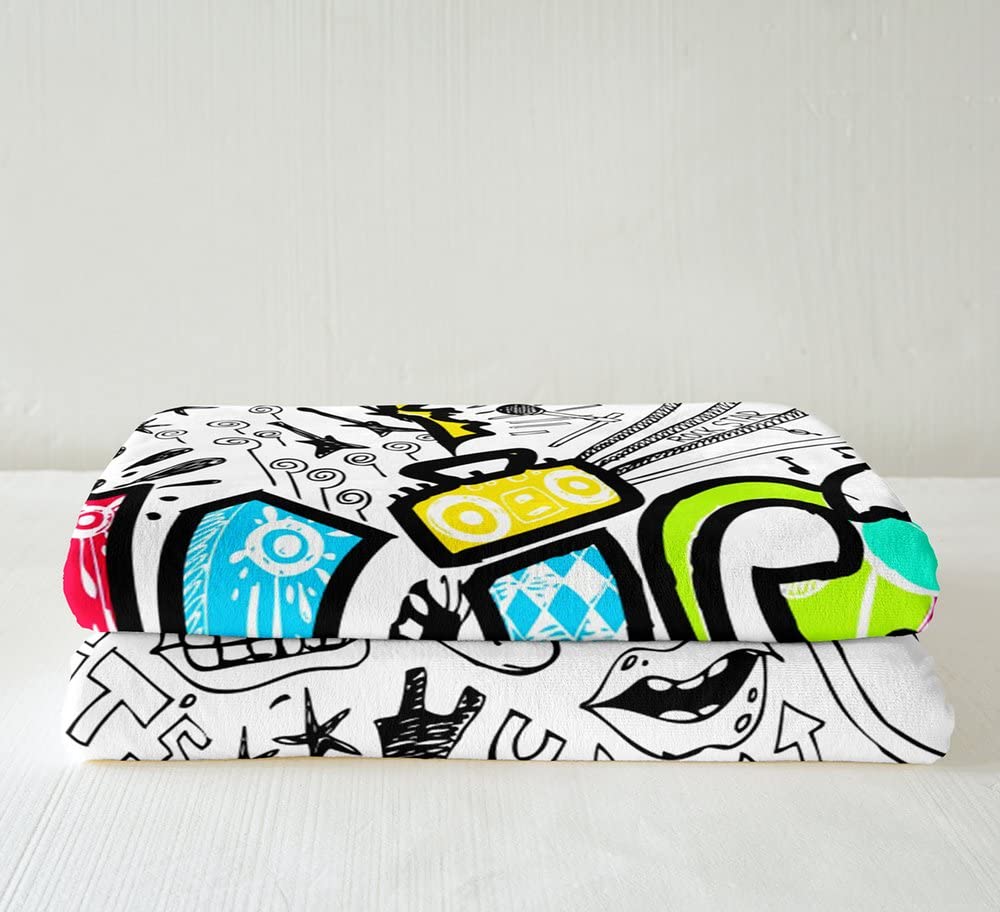 Hippie - Coperta in pile con graffiti, per bambini, ragazzi, ragazze, hip hop, musica sherpa, coperta musicale in peluche grunge, arte fuzzy, 200 x 200 cm