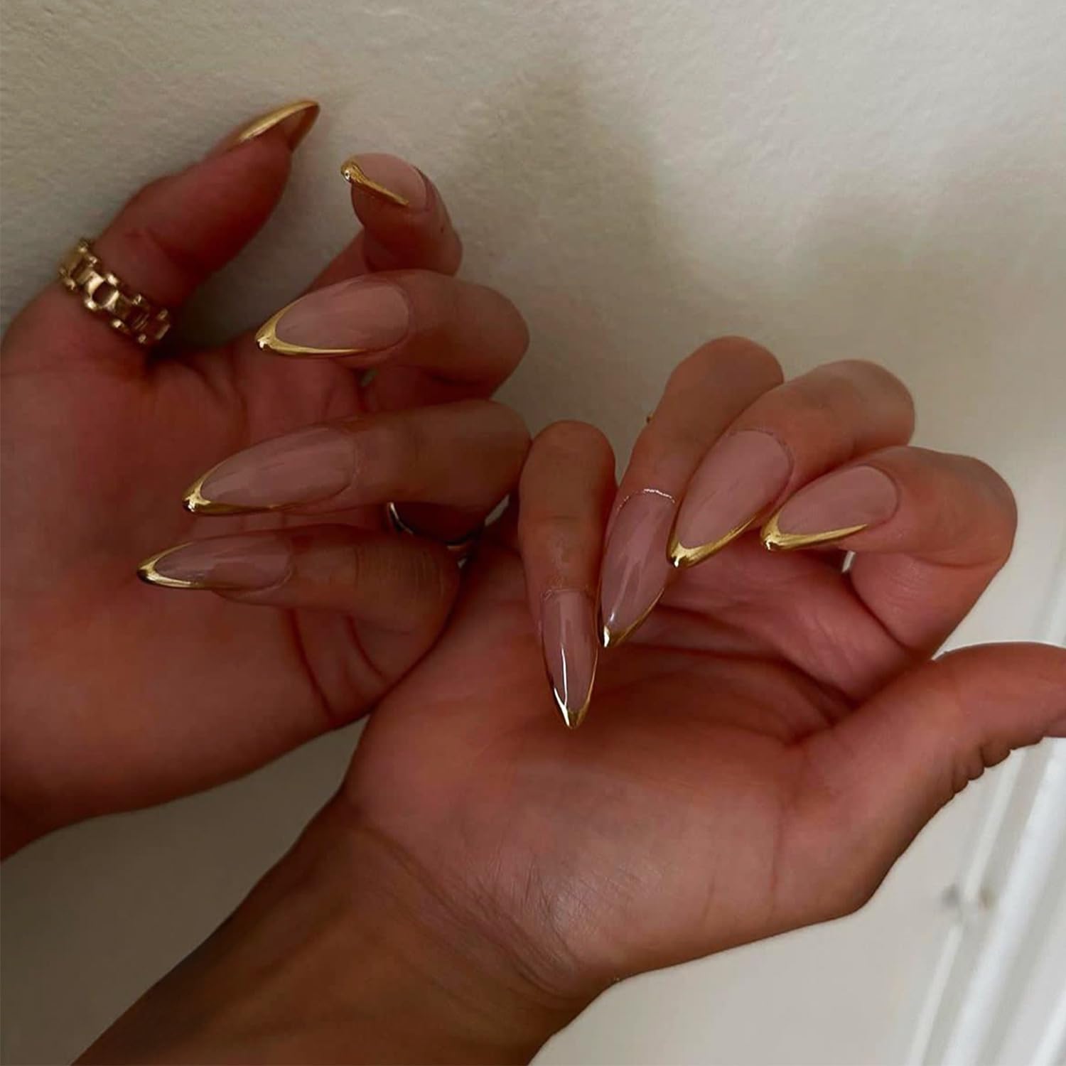 French Tips Press on Nails with Stiletto Designs Nude Sparkly Full Cover Acrylic Nails Glossy Gold Glitter Fake Nails Medium Almond Shape False Nails