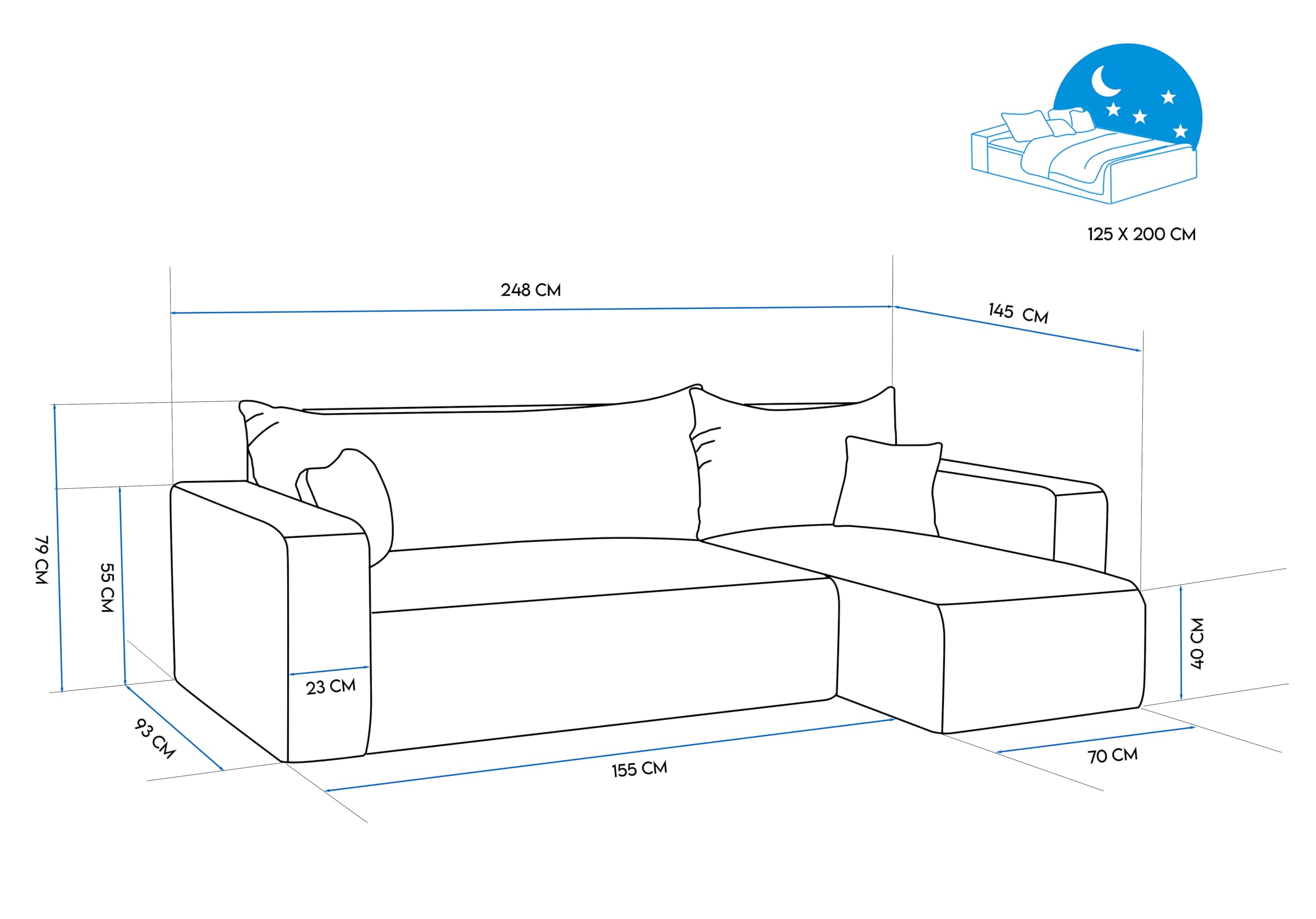 Ecksofa mit Schlaffunktion und Bettkasten 248 x 145 cm Beige | 248 x 145 x 79 cm, Kiefernholz und MDF, Hoher Sitzkomfort, Wohnen und Schlafen, Integrierter Bettkasten