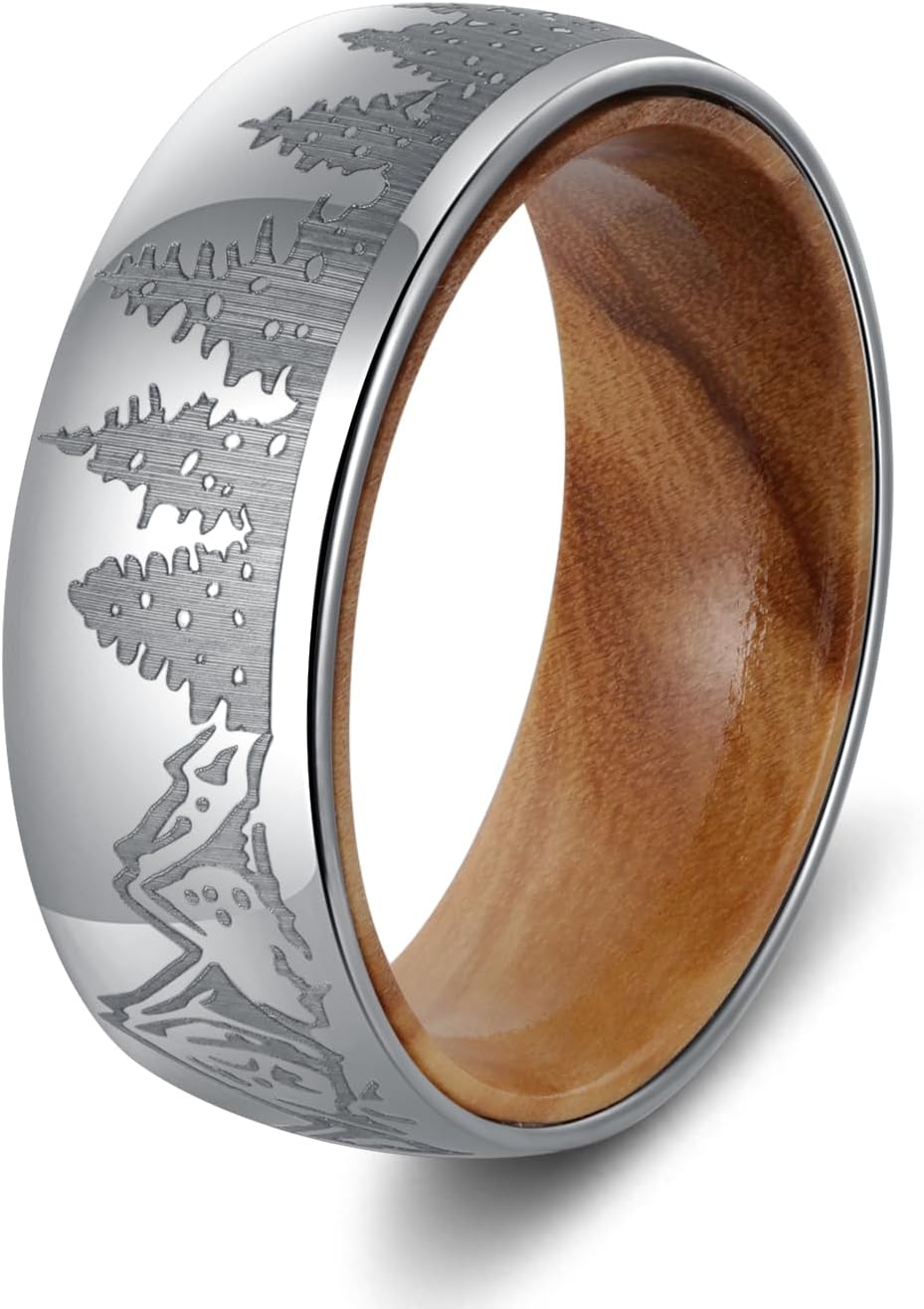 Forest Rings for Men 8 mm Black Plated Wedding Band with Wood Liner Comfort Fit