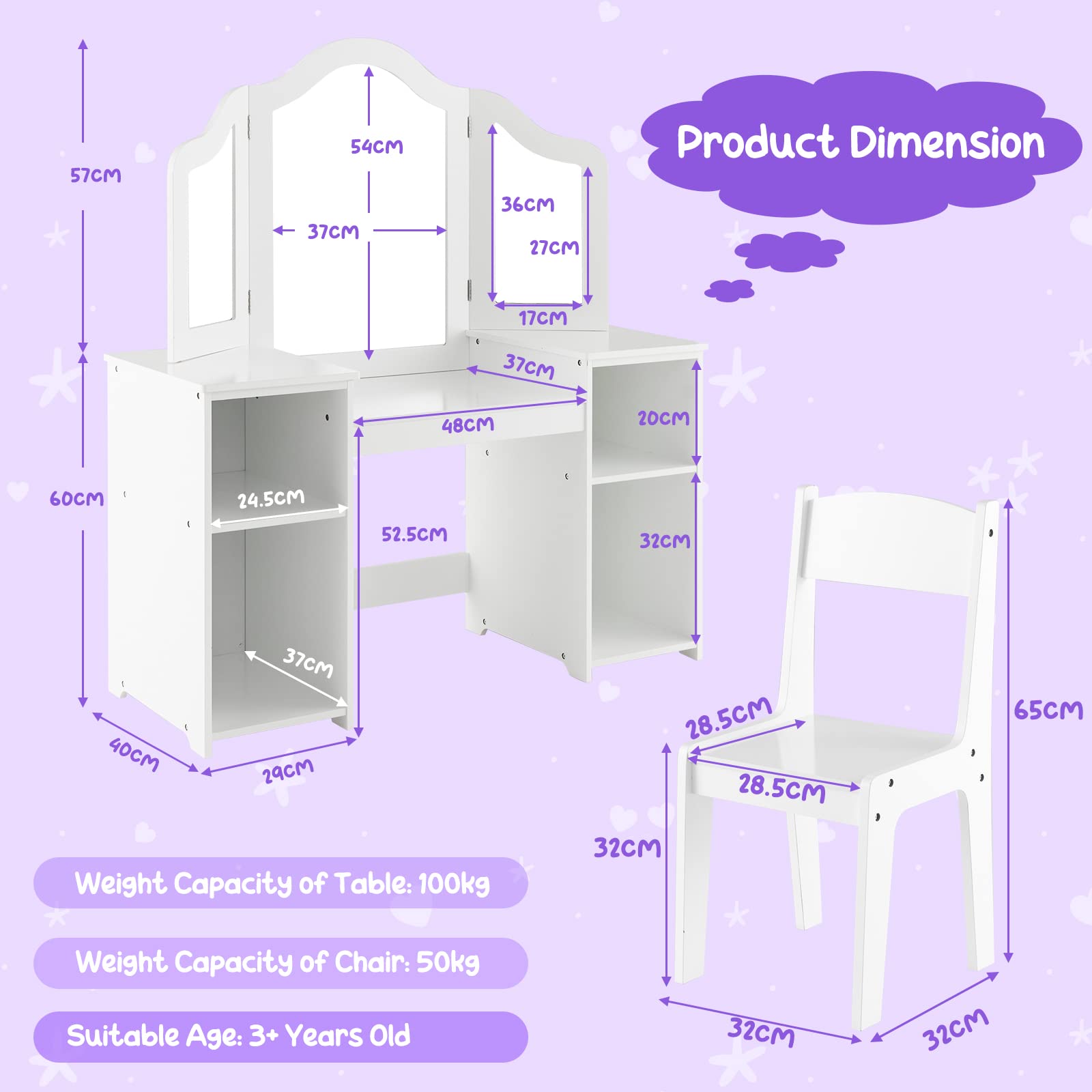 DREAMADE 2 in 1 Kinder Schminktisch mit Hocker und abnehmbarem Spiegel, Prinzessin Frisiertisch mit 4 offenen Ablageflächen, Kinderschminktisch für Kinder Mädchen (Weiß-mit Hocker ohne Box)