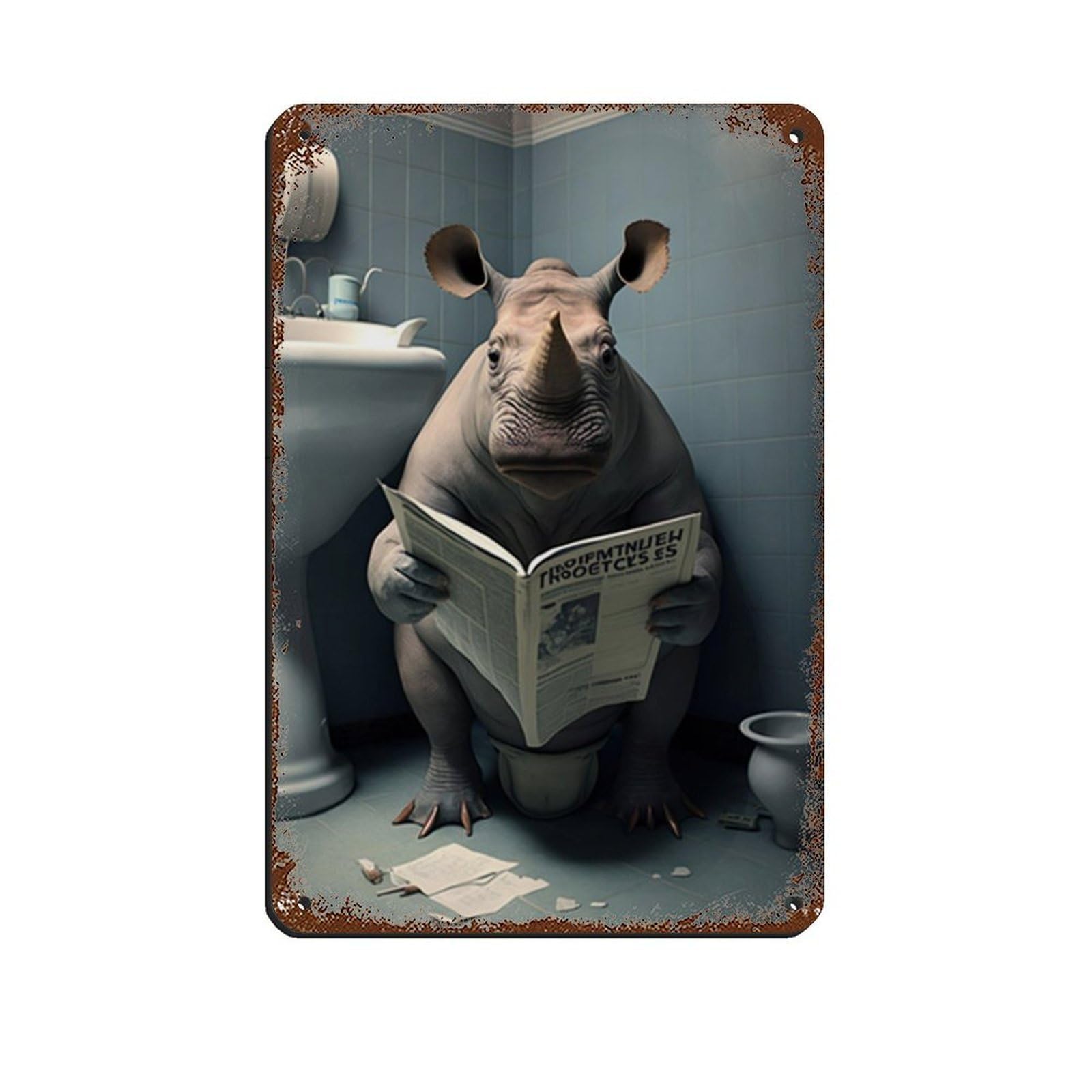 Lxwnze 20L X 30W Cm Rhino Sitting On The Toilet Reading A Newspaper (2) Tin Sign Vintage Metal Pub Club Cafe Bar Home Wall Art Decoration Poster Retro 8X12inch(20X30cm)